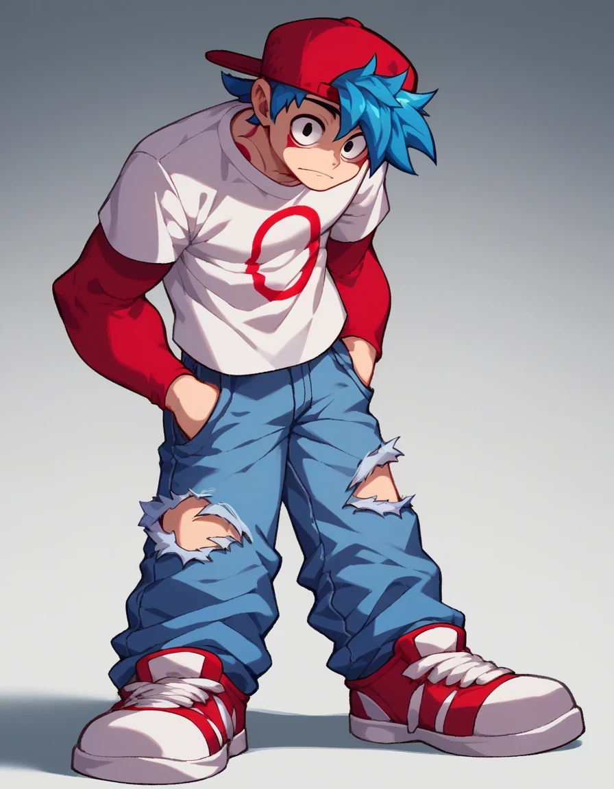 LookalikeEXE, solo, 1boy, hat, blue hair, male focus, pants, torn clothes, sneakers, baseball cap, jeans, backwards hat, red cap, tattered jeans, white shirt with red markings. blackened eyes. eerie and distorted appearance, black eyes, standing, full body, red sleeves