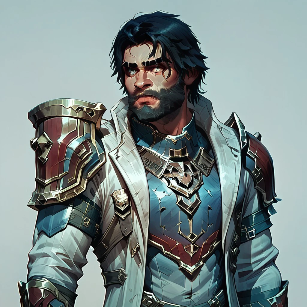 male focus, solo focus, solo, score_9, score_8_up, score_7_up, 1boy, ArcaneSurvivorJayceV1, male Focus, armor, black hair, facial hair, beard, weapon, holding weapon, jaycearcanehammer, holding