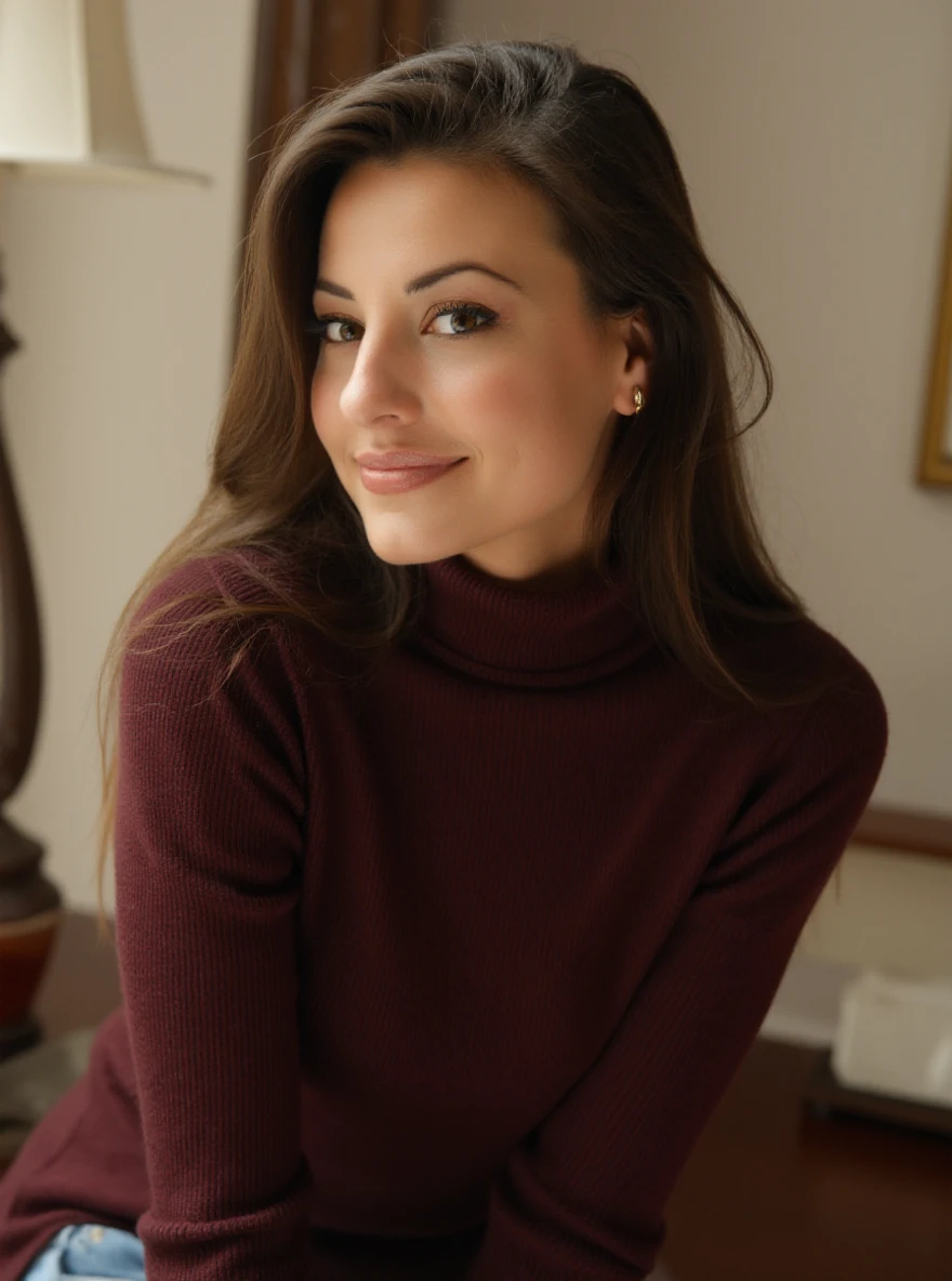 portrait of l0r3n4g woman, posing on a office, serene and warm, natural lighting, soft focus, high-resolution, elegant and introspective atmosphere, quiet sophistication, wearing a turtleneck yarn blouse, smile

