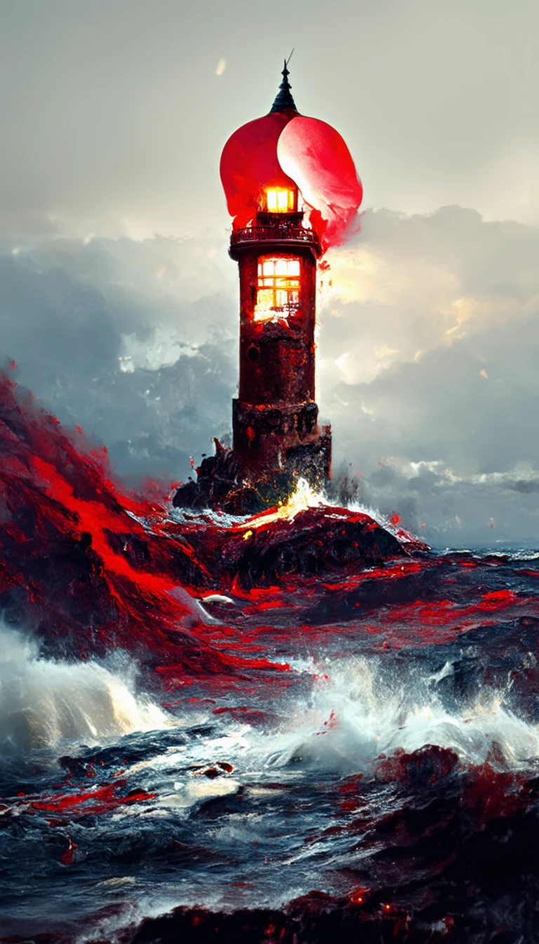 dscd_style a singular lighthouse, shining its light across a tumultuous sea of blood