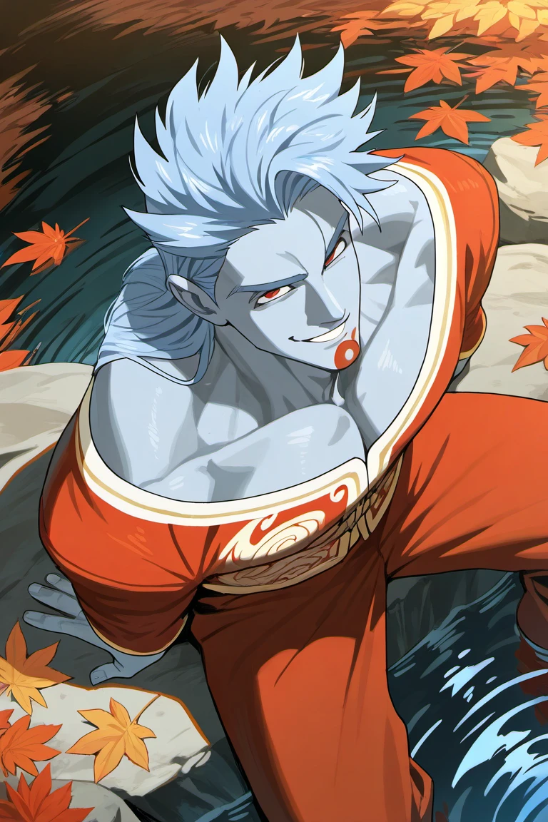 anime coloring, subsurface scattering, realistic shading, day, natural lighting, autumn theme, autumn leaf, leaves, water, water ripple, reflection on water, male focus, looking up at viewer, sitting, smiling, happy, expressive face, BellionSDS, light blue_BellionSDS_long hair, red_BellionSDS_eyes, red_BellionSDS_chin mark, colored grey skin, chinese clothes, asymmetrical print on clothes, pants, manly, 1boy, outdoors, rock, from above, dutch angle, intricately detailed illustration, masterpiece,best quality,amazing quality,very aesthetic,absurdres,newest