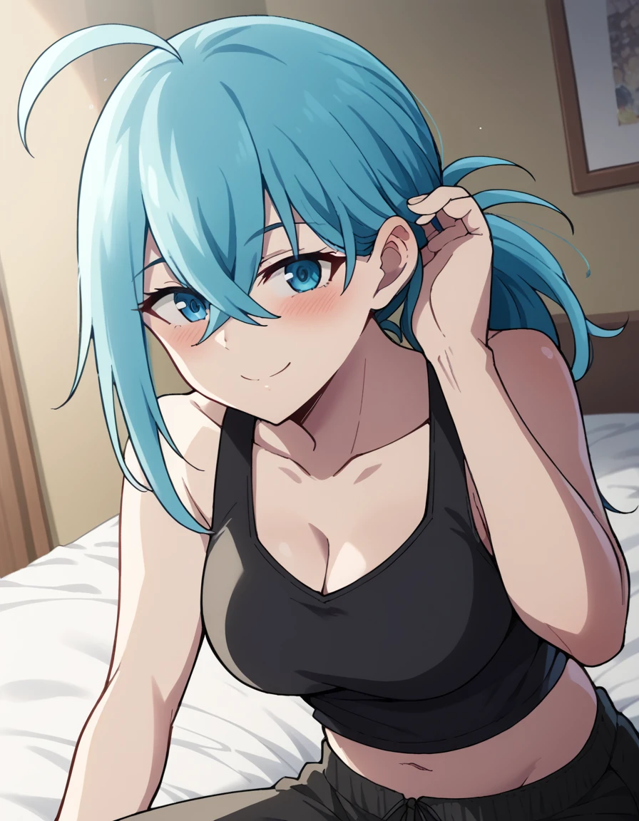 score_9, score_8_up, score_7_up, source_anime, <lora:vivy-s1-ponyxl-lora-nochekaiser:1>, vivy, blue hair, blue eyes, crossed bangs, ahoge, hair between eyes, medium breasts,, navel, cleavage, ponytail, midriff, pants, crop top, tank top, black tank top, indoors, bed, bedroom, on side, blush, drunk, smile, <lora:tucking-hair-ponyxl-lora-nochekaiser:1>, tucking hair, adjusting hair, hand on own hair, hair behind ear,, looking at viewer, solo,, dutch angle, cowboy shot