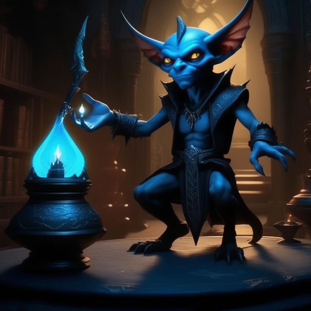 cinematic,  dramatic lighting,masterpiece, ultra detailed textures and colors, A sleek black imp with shimmering blue markings, standing beside its warlock master, offering a magical artifact in a shadowy, candlelit sanctum.. <lora:impz:1.1>