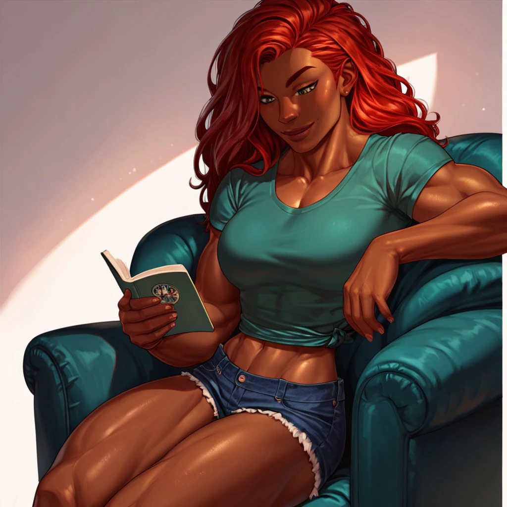 score_9, score_8_up, score_7_up, score_6_up, 1woman, solo,  anvil, dark skinned african american woman, red hair, muscular woman, tall girl, sitting in large  green armchair, reading a romance novel, slight smile, green t shirt, bare midriff, short shorts, hazel eyes