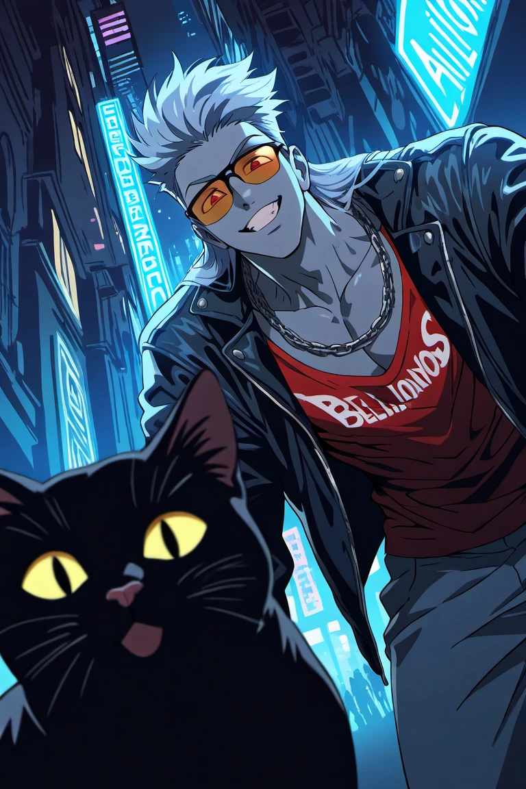 anime coloring, subsurface scattering, realistic shading, dark environment, dark, neon lighting, glowing, hiphop theme, black cat, male focus, leaning forward, looking down at viewer, expressive face, happy, BellionSDS, colored grey skin, light blue_BellionSDS_long hair, red_BellionSDS_eyes, grin, teeth, sunglasses, hiphop clothes, jacket, asymmetrical print on clothes, chain necklace, pants, 1boy, blurry outdoors city street, cityscape, scenery, from below, dutch angle, intricately detailed illustration, masterpiece,best quality,amazing quality,very aesthetic,absurdres,newest