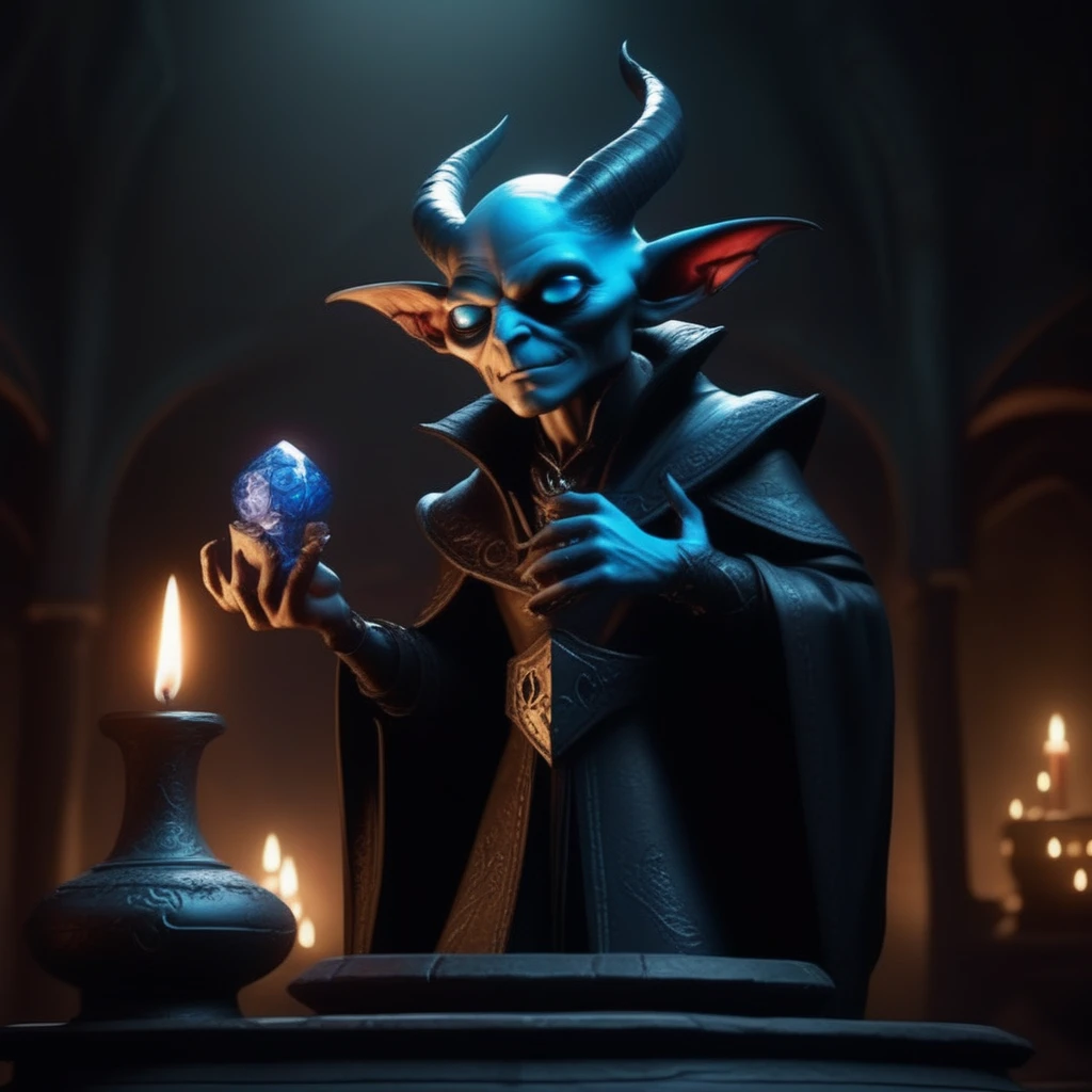 cinematic,  dramatic lighting,masterpiece, ultra detailed textures and colors, A sleek black imp with shimmering blue markings, standing beside its warlock master, offering a magical artifact in a shadowy, candlelit sanctum.. <lora:impz:1.1>