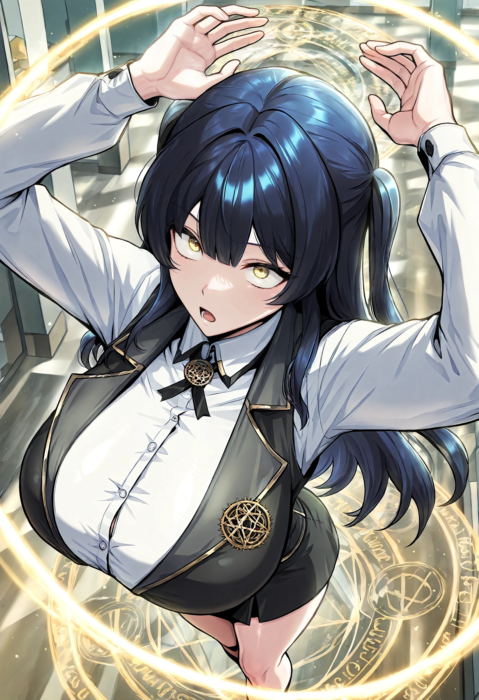 masterpiece, best quality, amazing quality, very aesthetic, absurdres, newest, scenery, 1girl, solo, huge breasts, (surprised:0.8), open mouth, <lora:Flora Lumos illustxl:1> yellow eyes, long hair, bangs, dark blue hair, two side up, black vest, white shirt, collared shirt, long sleeves, corset, black skirt, miniskirt, standing, (arms up:1.1), (hands up:1.1), (magic circle:1.3), light, (from above:0.9), lecture room, inside, looking up, shiny skin, masterpiece, best quality, amazing quality, very aesthetic, absurdres, newest, scenery