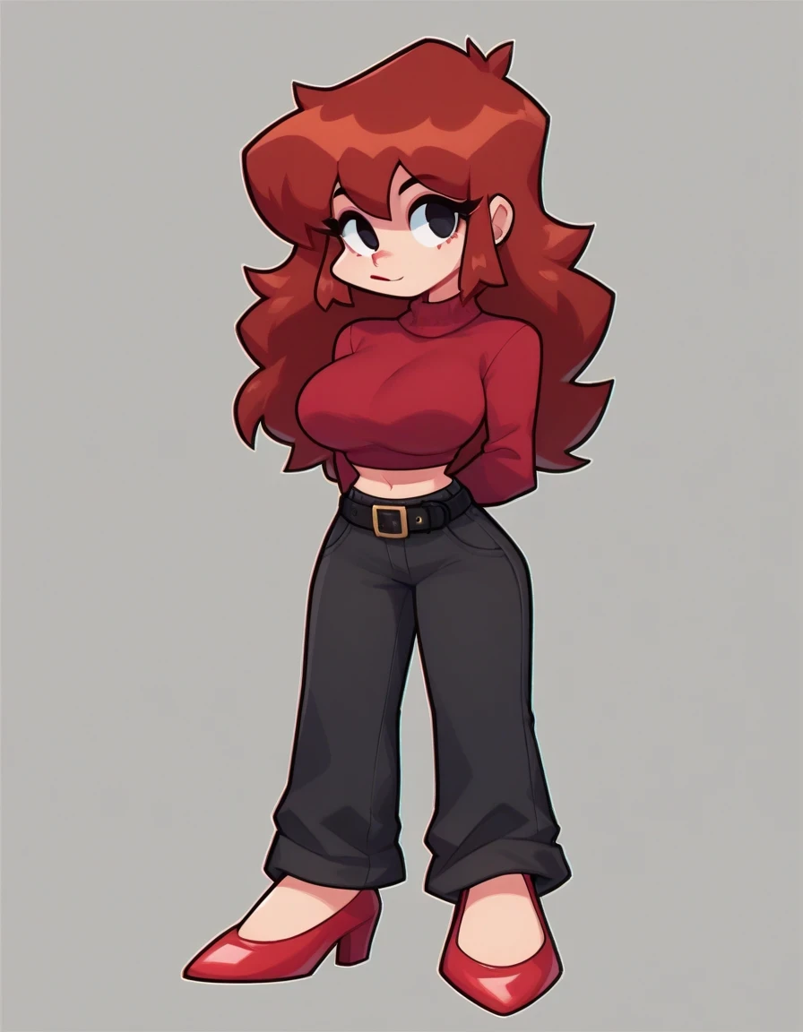 GirlEXE, 1girl, solo, long hair, large breasts, brown hair, shirt, long sleeves, standing, full body, red hair, shoes, midriff, belt, pants, nail polish, black eyes, sweater, crop top, grey pants, red footwear, red shirt, red nails, black belt, red hair, red top, and red shoes