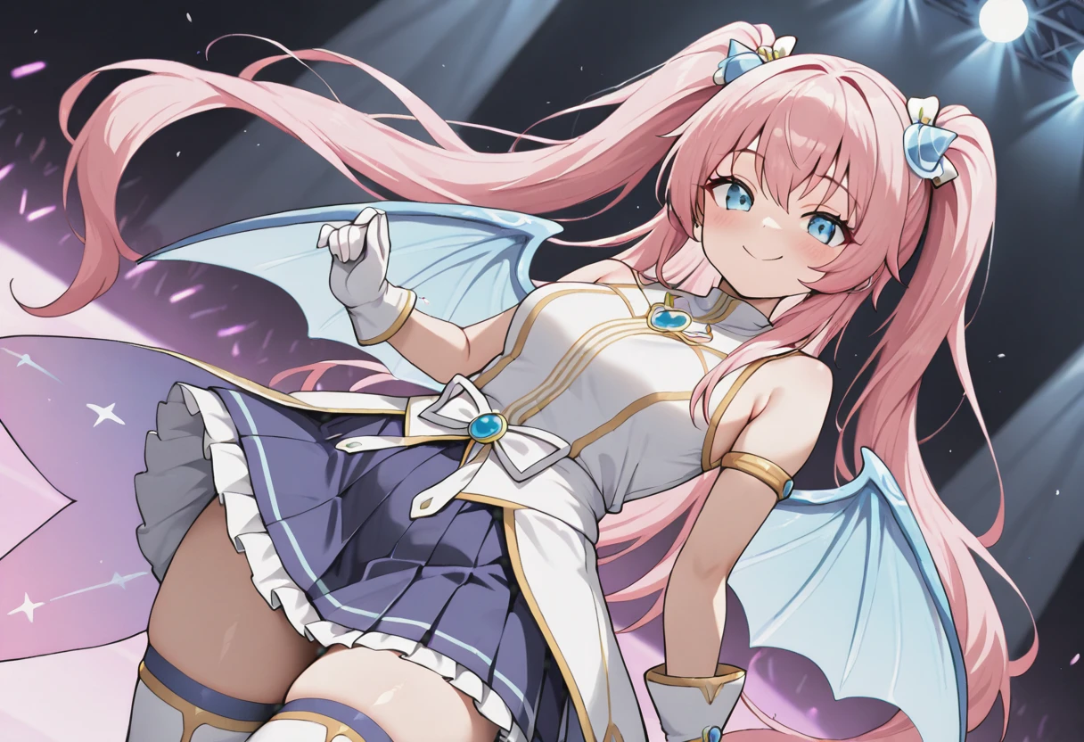 masterpiece,best quality,absurdres,perfect lighting,fantasy,stage,stage lights,
*//*,<lora:Angelic_Buster-v2.0:1>,ab_normal,pink hair,long hair,blue eyes,twintails,white gloves,sleeveless,white thighhighs,white footwear,wings,pleated skirt,bangs,
*//*,looking at viewer,cowboy shot,dutch angle,dynamic pose,smile,