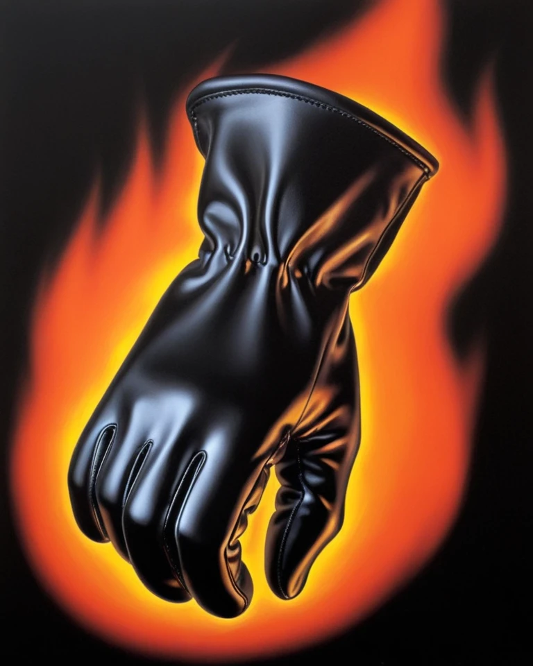 black glove in fire, airbrush <lora:80s_Airbrush_Surrealism:1>