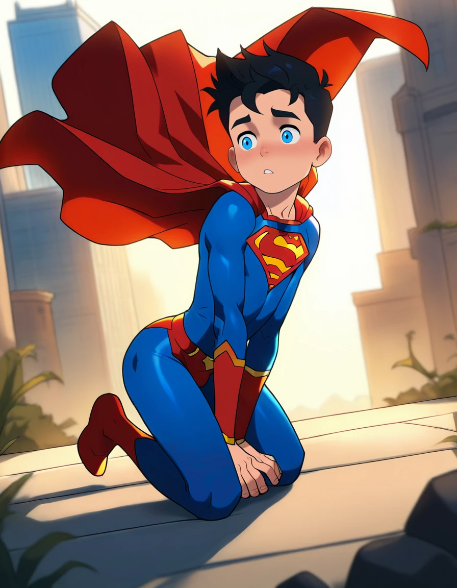 masterpiece, best quality, amazing quality, very aesthetic, absurdres, <lora:superboix:1> 1boy, male focus, superboix, male , young, black hair, blue eyes, solo, bodysuit, superhero, red cape, superman