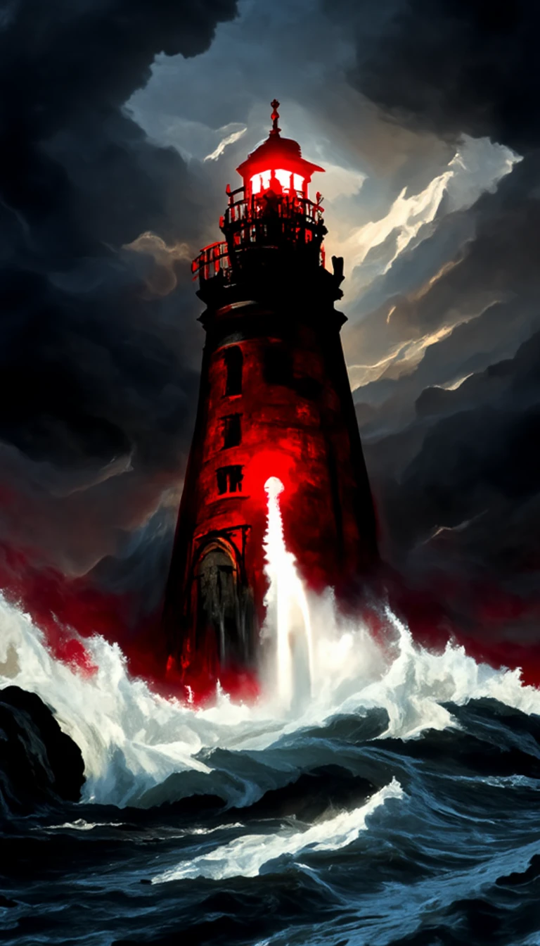 dscd_style a singular lighthouse, shining its light across a tumultuous sea of blood