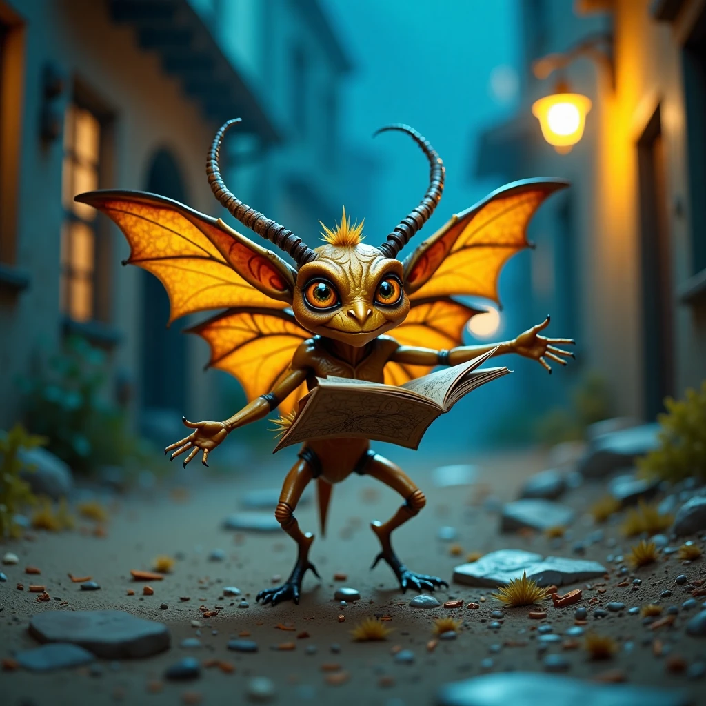 A photorealistic, front facing view, a golden servitor imp, its tiny wings fluttering as it holds a tiny map and points forward excitedly. its scales and wings look infused with magic,  in an old dusty road at night, amazing contrasting vibrant colors, filled with diffused  blue,silver and yellow glow light filtering through the windows.The shot is captured in a wide-angle with a low perspective, creating a dreamlike image. Captured with a Canon EOS 5D Mark IV, 35mm lens, f/1.8.,impz,lilx,ipx