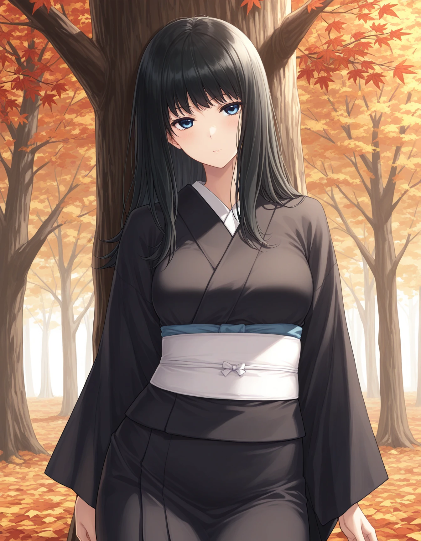 1girl, solo, kuchiki touko, black hair, long hair, blue eyes, medium breasts, black kimono, japanese clothes, autumn, autumn leaves, trees, leaning to tree, straight on, cowboy shot, masterpiece, best quality, very aesthetic <lora:kuchiki_touko_illustrious_v1-1:0.7>