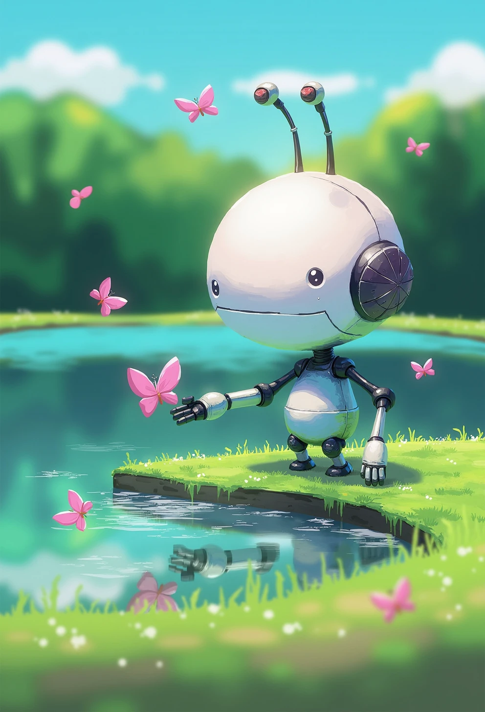 <lora:ck-Goro-Fujita-000019:1>, digital artwork in the style of ckgf, close up of a robot character playing with butterflies at a lake, whimsical