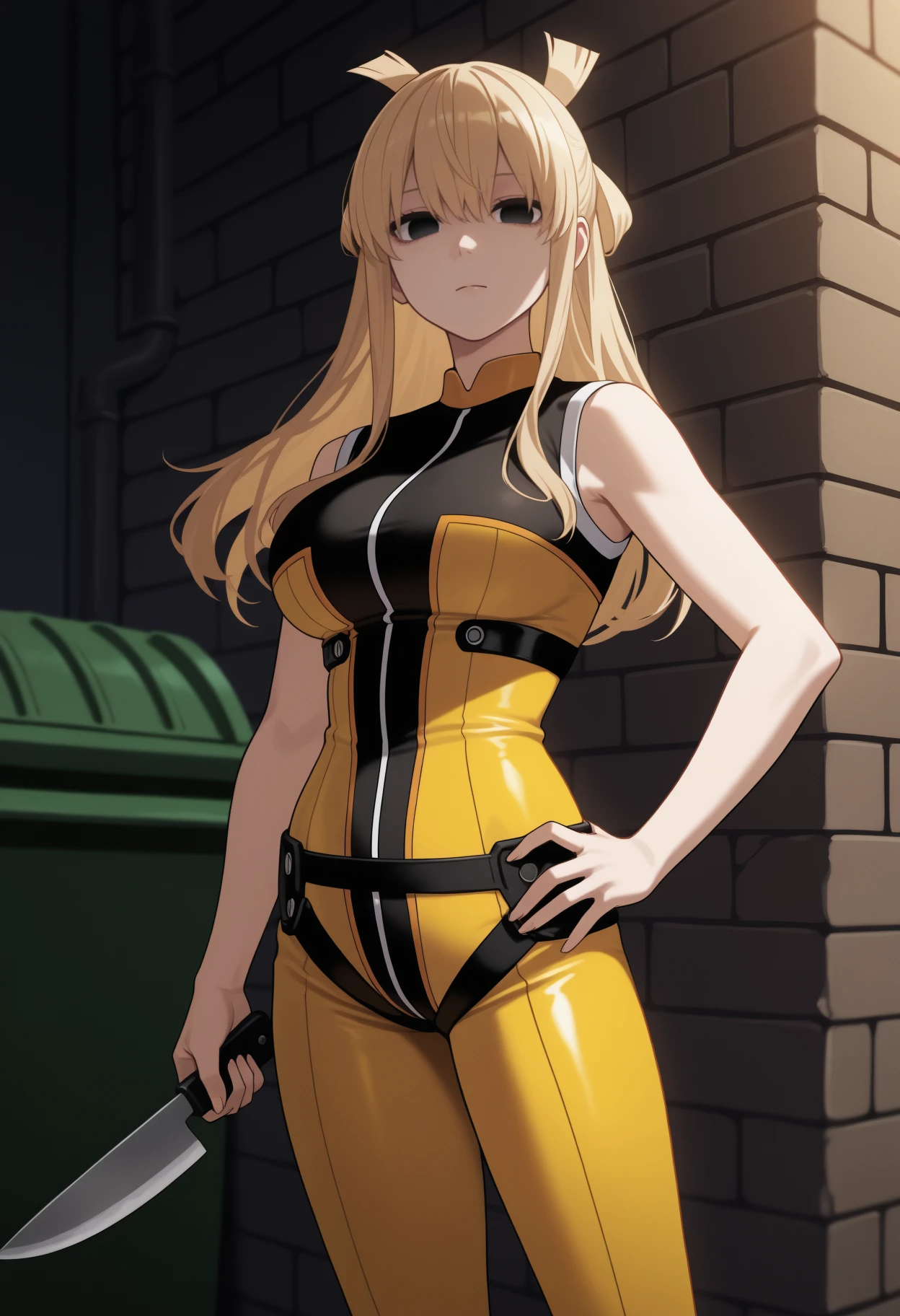 masterpiece, best quality, <break> solo, 1girl, suzuk1ri, expressionless, looking at viewer, standing, holding knife, hand on own hip, blonde hair, black eyes, empty eyes, two-tone bodysuit, yellow bodysuit, black bodysuit, sleeveless, large breasts, dark background, alley, dumpster, brick wall
<segment:yolo-Anzhc Face seg 640 v2 y8n.pt,0.4,0.5//cid=1>