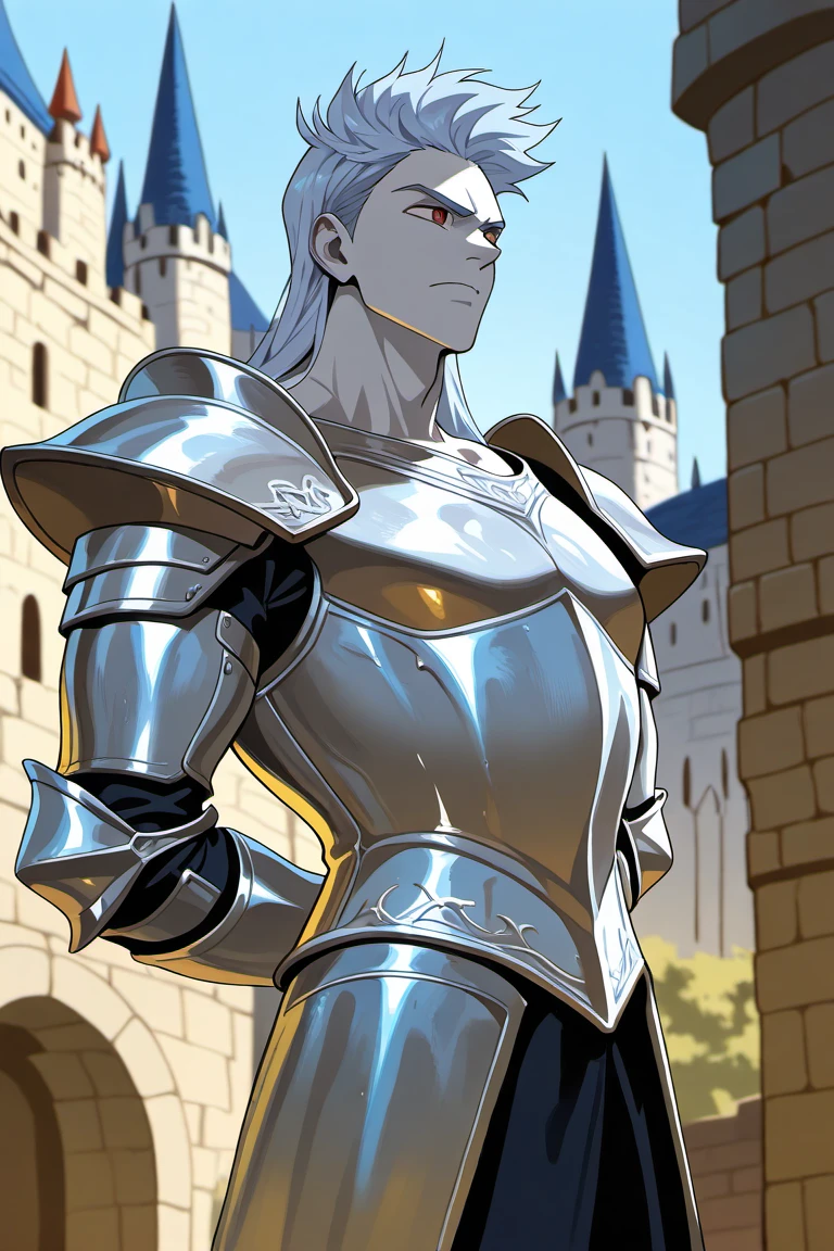 anime coloring, subsurface scattering, realistic shading, day, fantasy-medieval theme, male focus, cowboy shot, leaning back, hands behind back, looking away, expressive face, serious, BellionSDS, colored grey skin, light blue_BellionSDS_long hair, red_BellionSDS_eyes, closed mouth, pauldron, breastplate, silver armor, knight, 1boy, blurry outdoors, castle, medieval cityscape, scenery, intricately detailed illustration, masterpiece,best quality,amazing quality,very aesthetic,absurdres,newest