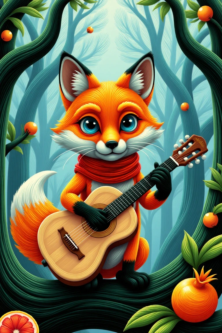 Amidst the misty veil of a dense forest, where towering trees pierce the sky and emerald hues blanket the floor, an orange fox perches at eye-level, surrounded by pomegranates and leaves. The fox's piercing blue gaze sparkles as it cradles a light brown guitar in its right hand, adorned with a white feathered tail tip. A fiery red scarf wraps around its neck, complementing its darker orange paws. Against the deep blue backdrop of the forest, the warm-toned fox and its accessories stand out, highlighting its striking features.,noga