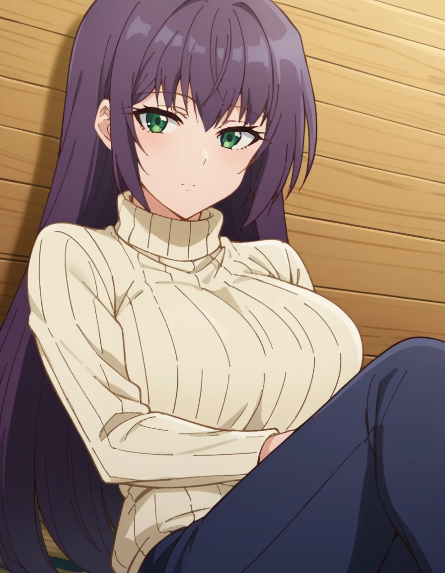 score_9, score_8_up, score_7_up, source_anime, <lora:yutaka-shinozaki-s1-ponyxl-lora-nochekaiser:1>, yutaka shinozaki, long hair, bangs, very long hair, green eyes, purple hair,, large breasts, mature female, long sleeves, pants, sweater, turtleneck, ribbed sweater, turtleneck sweater, blue pants, white sweater, dock, water, boats, wood, mooring, , <lora:the-pose-ponyxl-lora-nochekaiser:1>, the pose, on stomach, feet up, lying, soles, feet, legs up, head rest, barefoot, looking at viewer, solo,, dutch angle, cowboy shot