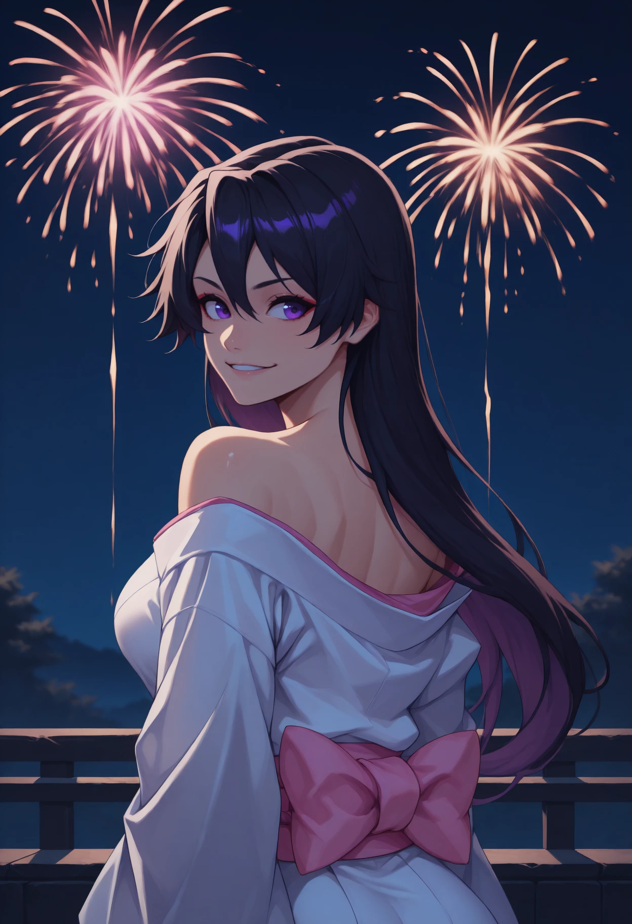 anime, masterpiece, best quality, <break> solo, 1girl, bstrbn, smile, looking back, long hair, black hair, hair between eyes, purple eyes, japanese clothes, white kimono, off shoulder, pink sash, bare shoulders, outdoors, night, fireworks
<segment:yolo-Anzhc Face seg 640 v2 y8n.pt,0.4,0.5//cid=1>