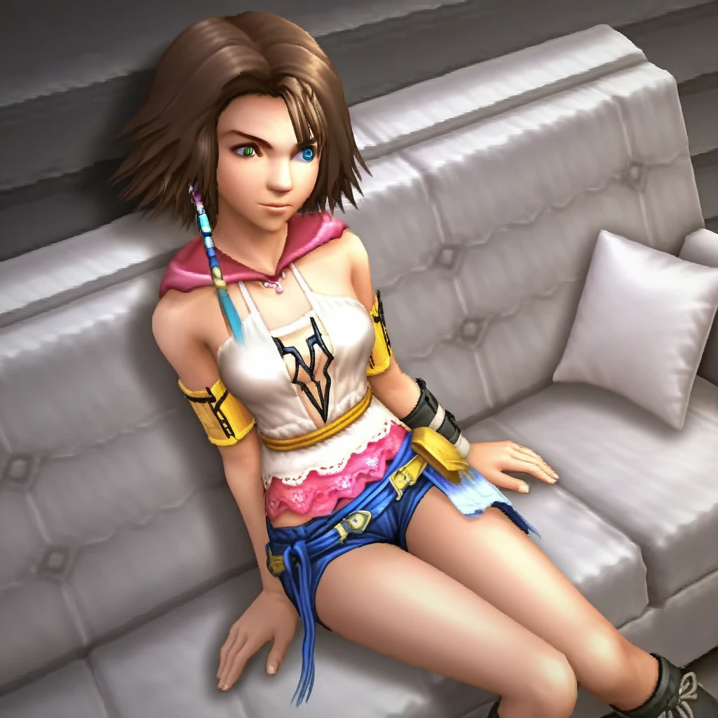 score_9, solo, yuna_x2, 1girl, brown hair, short hair, heterochromia, armband, shirt, shorts, sitting, sofa