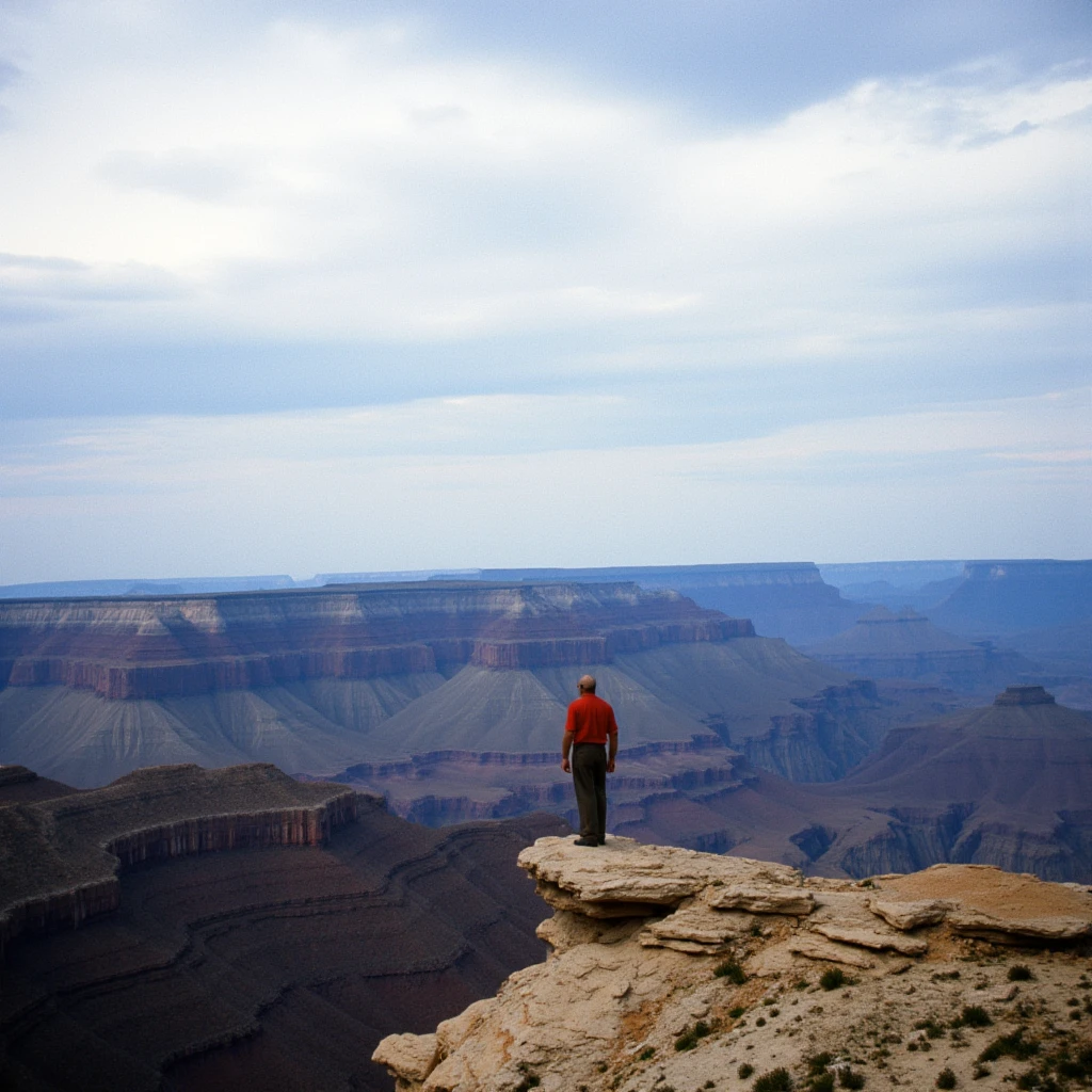 analog film photo of  <lora:Kodachrome v1:0.8>
In 1950's a cinematic Kodachrome Technicolor motion picture of a man standing on a cliff overlooking a canyon, perfect image, perfect body, perfect anatomy, sharp image, detailed image, Kodak film style, high quality photography, Kodachrome style, Technicolor style, 1950's style, Technicolor Monopack style, 16mm, 8mm, Super 8 movie, 35mm movie style, film color style, cinematic photography style, analog photography style, cinematic film color style, deep color style, different character, different background, different picture, Eastman Kodak style, K-14 process style, Color slide style, film skin tone style, different color, outdoors, sky, day, cloud, blue sky, no humans, cloudy sky, scenery, mountain, landscape, ocean, horizon, Kodachrome color style, faded film, desaturated, 35mm photo, grainy, vignette, vintage, Kodachrome, Lomography, stained, highly detailed, found footage