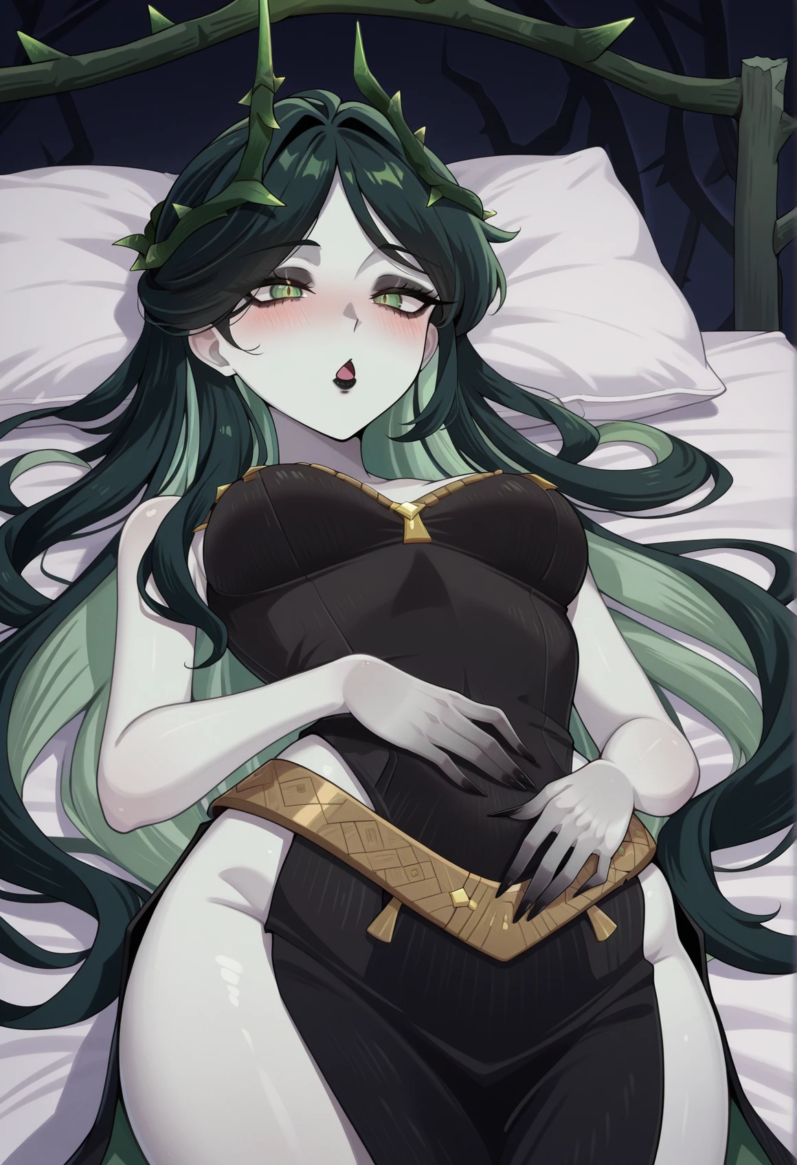 1girl, flawless skin, perfect nude, green eyes,
very green hair, silky hair, straight hair, perky breasts, wide hips, thigh gap, thick thighs, shortstack, pale skin, (loli:1), very white skin, bright skin, (parted bangs:1)