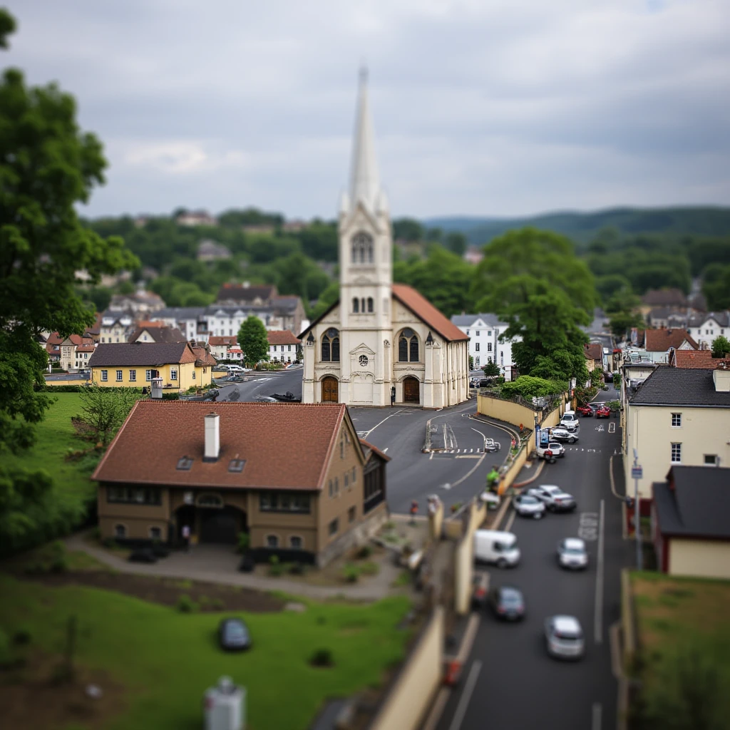 UHD, 4k, ultra detailed, cinematic, a photograph of  <lora:Tiltâshift photography style v1:0.9>
A cinematic Tilt shift photo of a small town with a church and a street, movie themed, sharp, detailed, epic cinematic Tiltâshift photography, artistic creative Tiltâshift photography style, dramatic cinematic light style, cinematic dramatic color style, Kodak film style, Tilt shift photography style, outdoors, blurry, tree, no humans, depth of field, ground vehicle, building, scenery, motor vehicle, city, car, road, house, street, town, blurry background
, epic, beautiful lighting, inpsiring