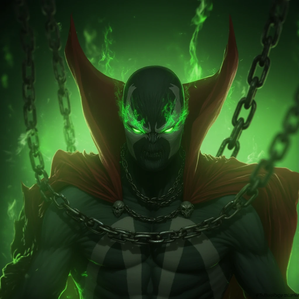 UHD, 4k, ultra detailed, cinematic, a photograph of  <lora:Spawn v1:0.9>
living symbiotic costume, red cape, mask, green eyes, glowing eyes, creature, Spawn a man in a green mask with chains around his neck, solo, looking at viewer, 1boy, green eyes, upper body, male focus, cape, mask, glowing, chain, glowing eyes, skull, superhero, blurry, bodysuit, high collar, green fire, medium closeup, surrounded by chains, glowing green eyes, epic, beautiful lighting, inpsiring