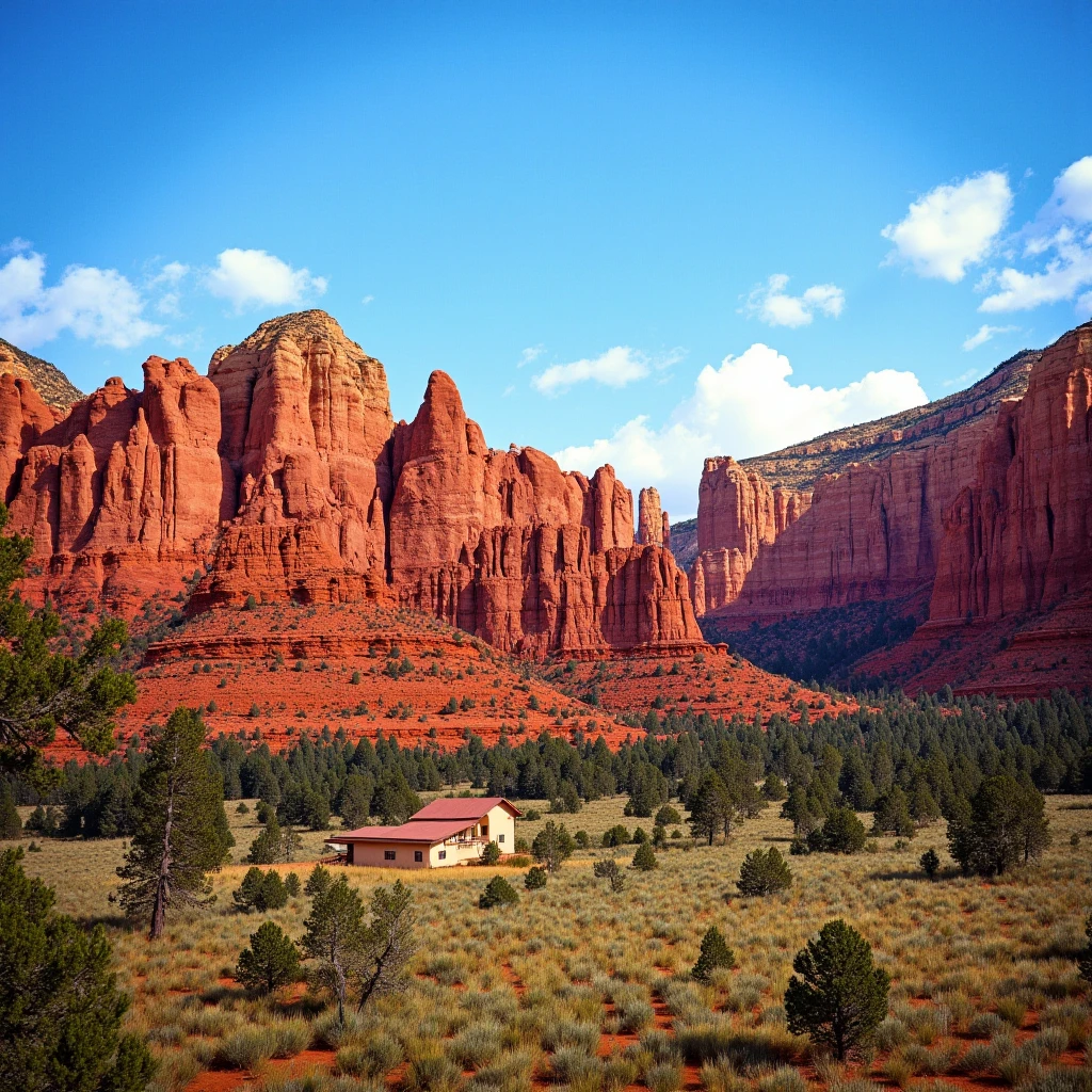 UHD, 4k, ultra detailed, cinematic, a photograph of  <lora:Kodachrome v1:0.9>
In 1950's a cinematic Kodachrome Technicolor motion picture of a red rock formation with a small house in the foreground, perfect image, perfect body, perfect anatomy, sharp image, detailed image, Kodak film style, high quality photography, Kodachrome style, Technicolor style, 1950's style, Technicolor Monopack style, 16mm, 8mm, Super 8 movie, 35mm movie style, film color style, cinematic photography style, analog photography style, cinematic film color style, deep color style, different character, different background, different picture, Eastman Kodak style, K-14 process style, Color slide style, film skin tone style, different color, outdoors, sky, day, blue sky, tree, no humans, grass, scenery, nature, forest, rock, mountain, waterfall, landscape, cliff, water, full shot, epic, beautiful lighting, inpsiring