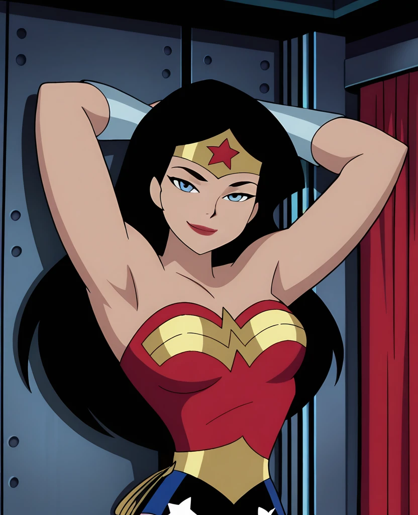 (masterpiece), (best quality), absurdres, highres,  <lora:Wonder_Woman_ILLUS:1.2> , jlww, 1girl, long hair, blue eyes, black hair, tiara, leotard, star print, vambraces, red lips, smile, looking at viewer, half-closed eyes, arms behind head, armpits,