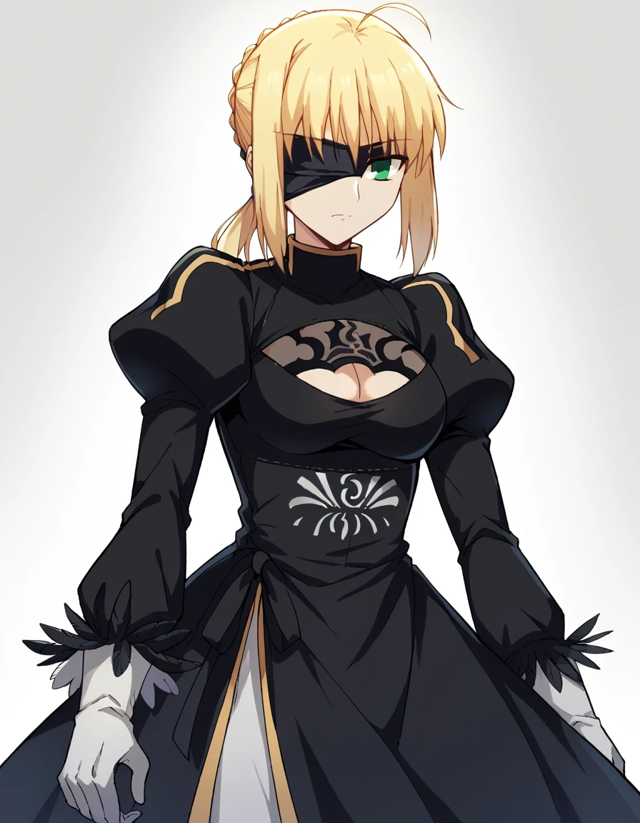 score_9, score_8_up, score_7_up, source_anime, <lora:artoria-pendragon-zero-ponyxl-lora-nochekaiser:1>, artoria pendragon, artoria pendragon (fate), saber, long hair, blonde hair, green eyes, ponytail, ahoge, medium breasts,, <lora:2b-cosplay-ponyxl-lora-nochekaiser:1>, 2bcosplay, 2b (nier:automata) (cosplay), gloves, long sleeves, dress, puffy sleeves, black dress, clothing cutout, cleavage cutout, juliet sleeves, feather-trimmed sleeves, blindfold, black blindfold, covered eyes,, wasteland, , dutch angle, cowboy shot