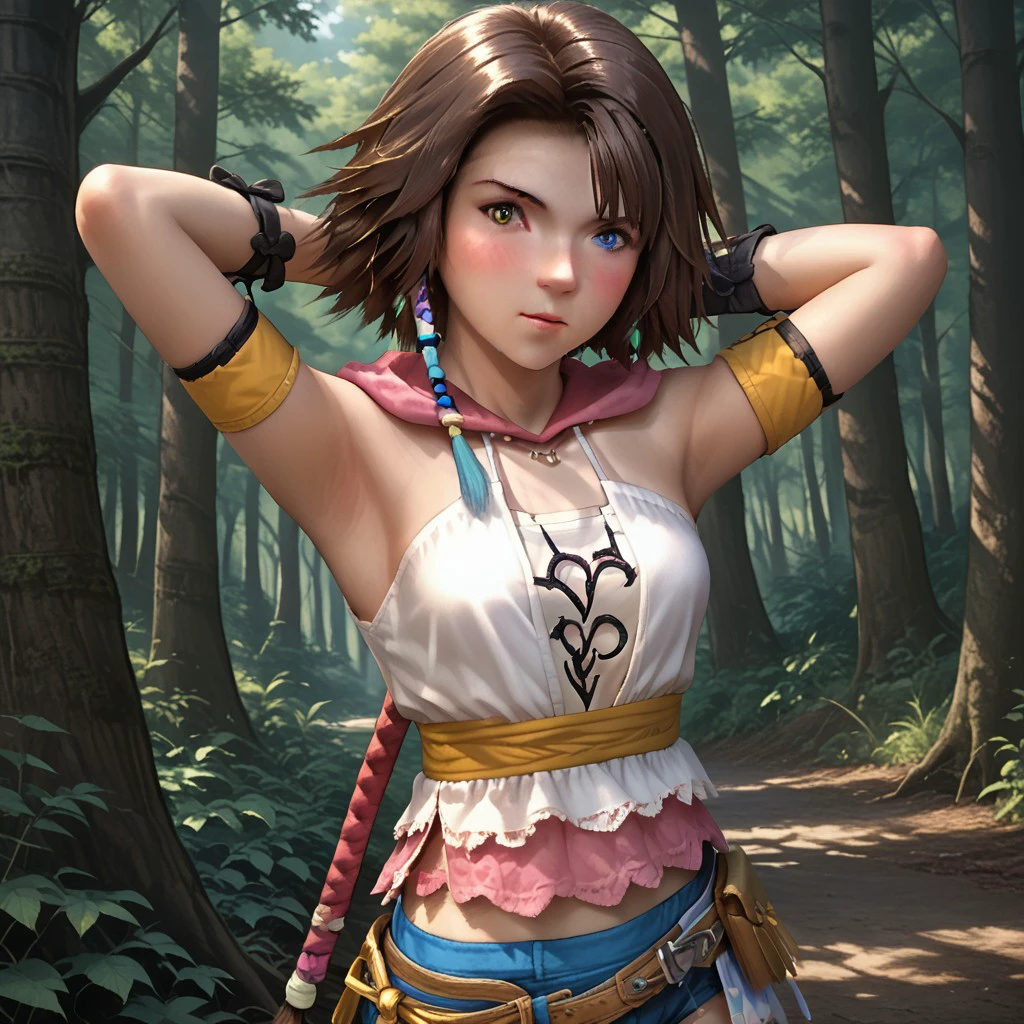 score_9, score_8, score_7, break, solo, yuna_x2, 1girl, brown hair, short hair, heterochromia, armband, shirt, shorts cute, blush, looking at viewer, hands behind head, standing, forest, natural lighting, pupils