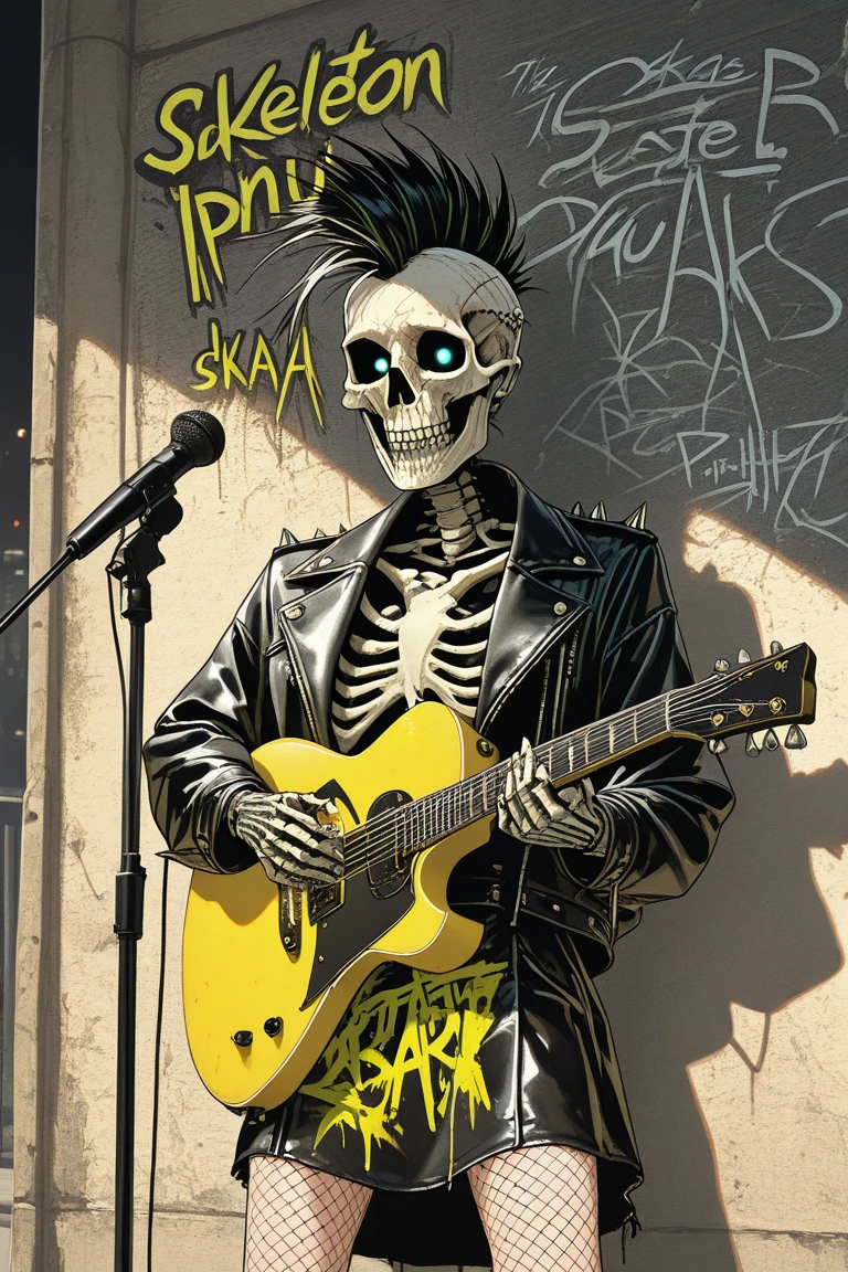 A skeleton punk rock-inspired outfit stands defiantly against a gritty cityscape backdrop, with graffiti-covered walls and rundown buildings. The skeleton's bones are adorned with safety pins, ripped fishnet stockings, and a black leather jacket, complete with spikes and studs. A mohawk of tattered black hair sprouts from the skull, as it holds a microphone stand like a guitar, surrounded by a halo of bright, neon-lit city lights.