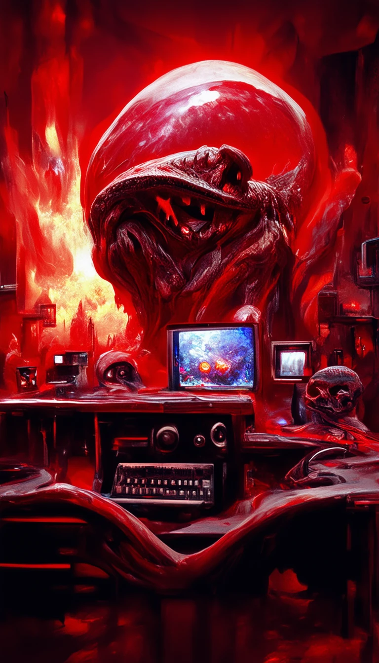 dscd_style only with red, a red lizardman iattacked by technology, red computers wires, in a red laboratory, dorohedoro vibes, highly quality, highly detailed, masterpiece, red light, artstation, 4 k cosmic horror nuclear explosions in the eye of jupiter,skull, octupus tentacles close-up, detailed, ultrarealistic