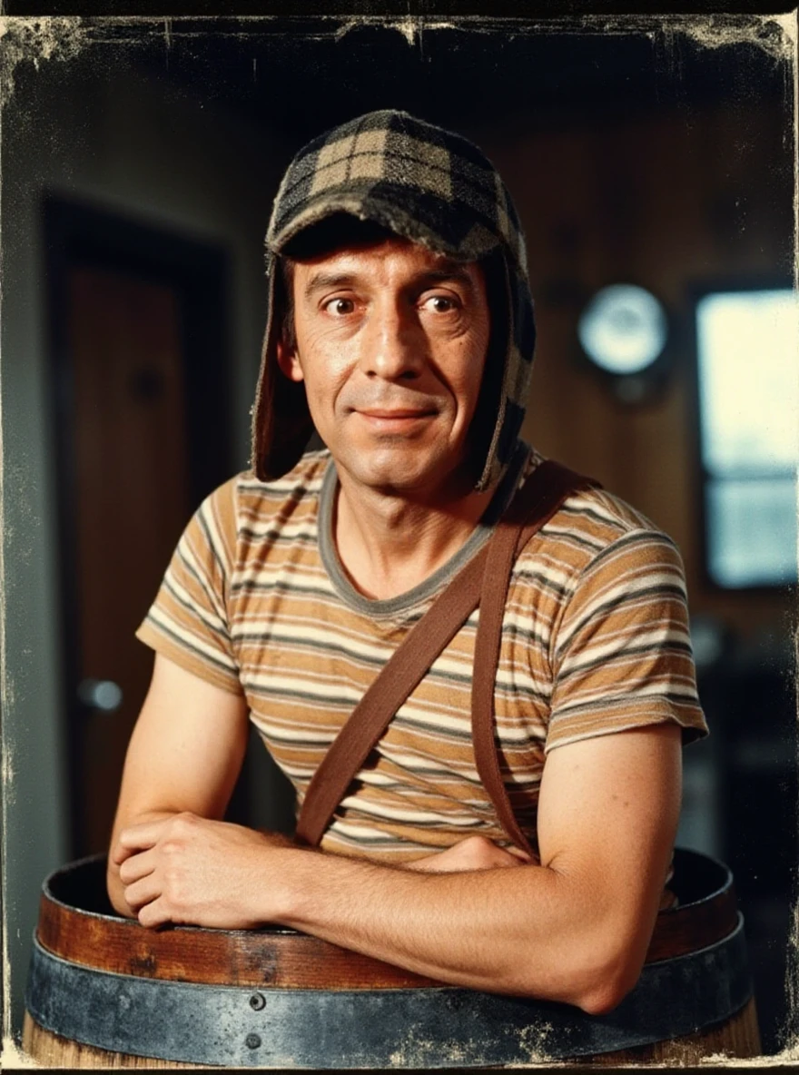 1970s, 70s, blurry old portrait photograph of ch4v08 man, wearing a strippled tshirt, a hat, inside a wooden barrel, detailed face, in the 70s, bleached scratched damaged torn smudged dirty wrinkled polaroid, kodak portra 400, cine film still, natural ligh...