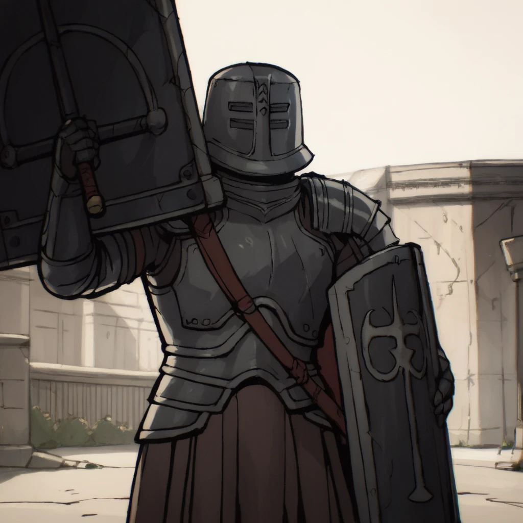 score_9, score_8_up, score_7_up, score_6_up, score_5_up, score_4_up, highres, incredibly absurdres, highly detailed, dim lighting, outdoors, ambiguous gender, solo, dsbit, helmet, black helmet, armor, black armor, breastplate, black breastplate, Pauldrons, black Pauldrons, Cuirass, black Cuirass, Gauntlets, black Gauntlets, tunic under armor, sword, holding sword, shield, holding shield, <lora:Black_Iron_Tarkus_pony:0.6> <lora:ScottPilgrim:0.8> scottp, sketch, anime coloring