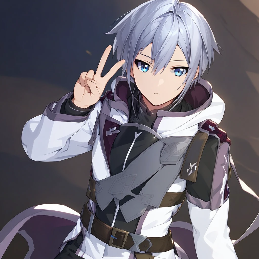 ras, 1boy, male focus, solo, white hair, short hair, light skin, blue eyes, white high collar hood, hood down, long white open jacket, black and silver shirt, brown belt, purple epaulets, hand up, peace sign,