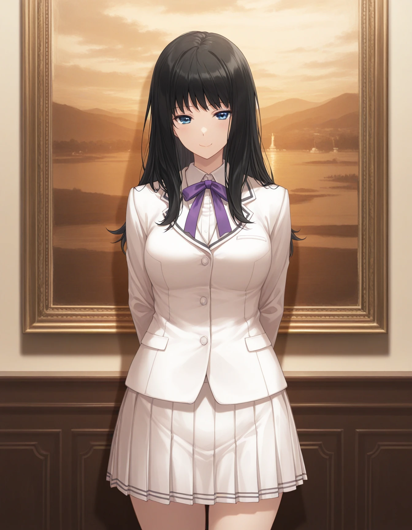 1girl, solo, kuchiki touko, black hair, long hair, blue eyes, smile, medium breasts, school uniform, white clothing, blazer, purple ribbon, white skirt, pleated skirt, standing, looking at viewer, hands behind back, cowboy shot, museum, painting \(object\), forelighting, warm theme, masterpiece, best quality, very aesthetic <lora:kuchiki_touko_illustrious_v1-1:0.7>