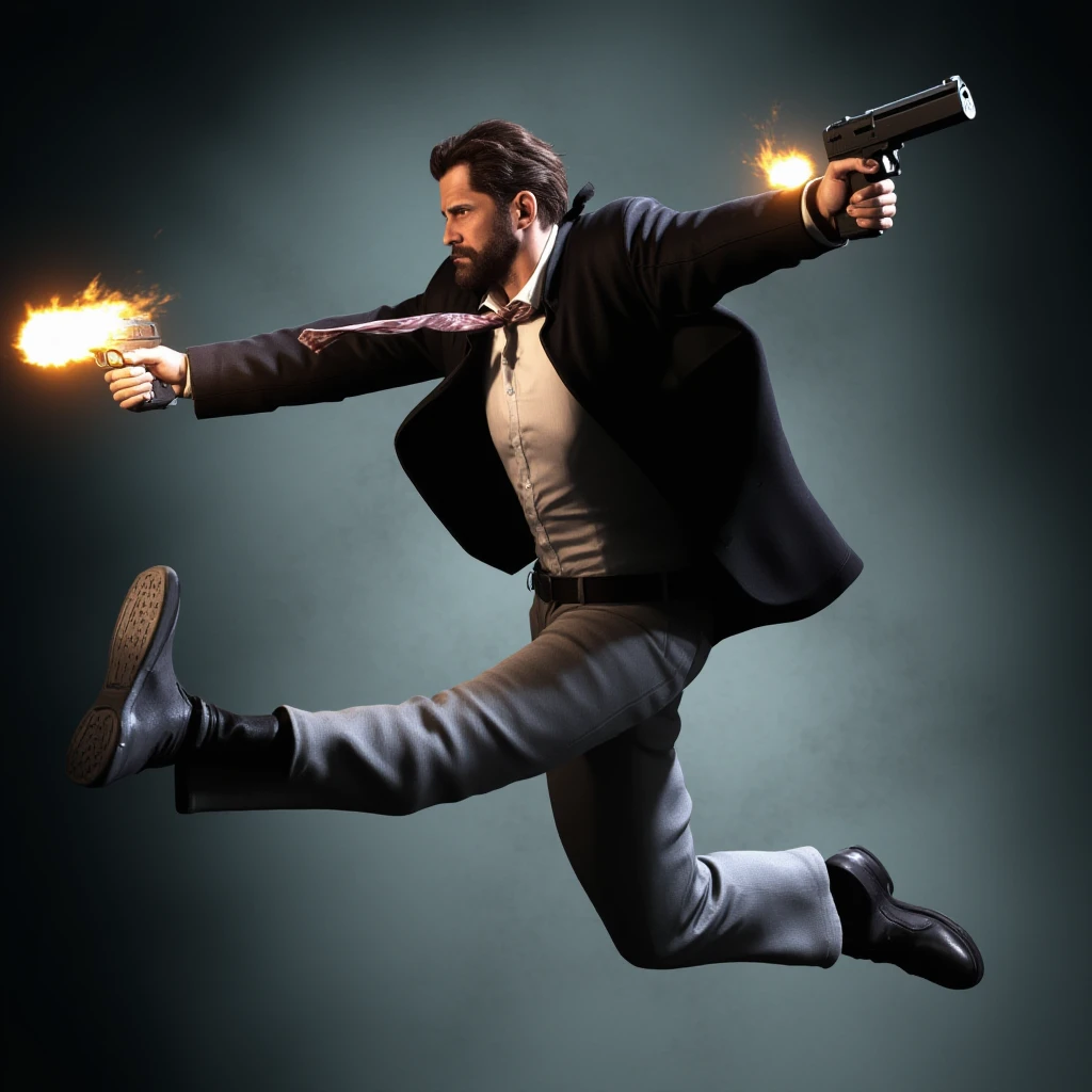 UHD, 4k, ultra detailed, cinematic, a photograph of  <lora:neo-noir style Max Payne v1:0.9>
Max Payne Timothy Gibbs a man in a suit shooting with a two guns while jumping flying spinning in air in front of camera, detailed background, different style, action movie themed, sharp, detailed, epic cinematic photography, artistic, dramatic light, cinematic color style, Kodak film style, neo-noir style, solo, black hair, 1boy, holding, weapon, male focus, necktie, belt, holding weapon, gun, facial hair, formal, suit, holding gun, handgun, dual wielding, realistic, firing, shell casing, brown hair, muzzle flash gun fire, beard, manly, muzzle flash, casing ejection, looking at viewer, shirt, jacket, white shirt, full body, boots, open clothes, collared shirt, pants, indoors, black footwear, coat, black jacket, dress shirt, buckle, black belt, black coat, grey pants, aiming, epic, beautiful lighting, inpsiring