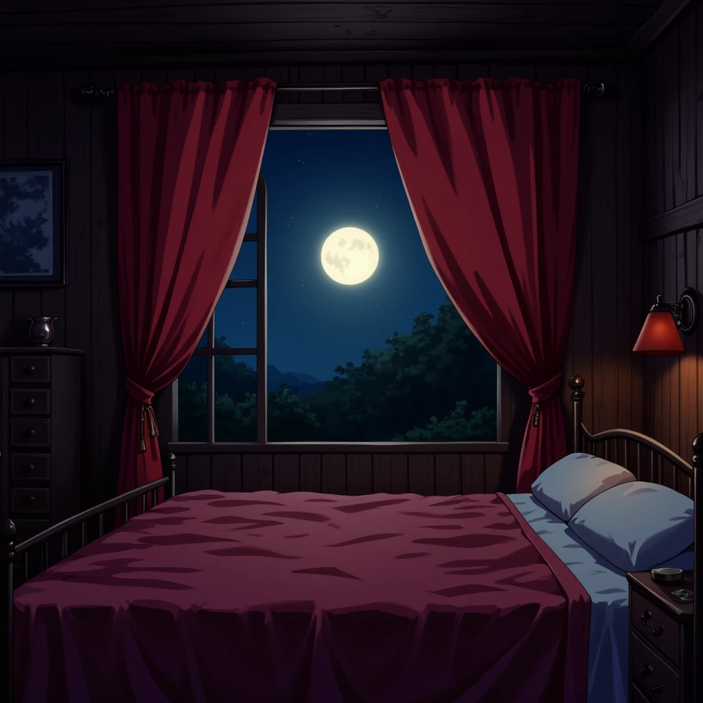 An anime image of rustic bedroom. The light is dimmed and the style is vintage brothel. The moon shines through a window, while the red curtains are open.