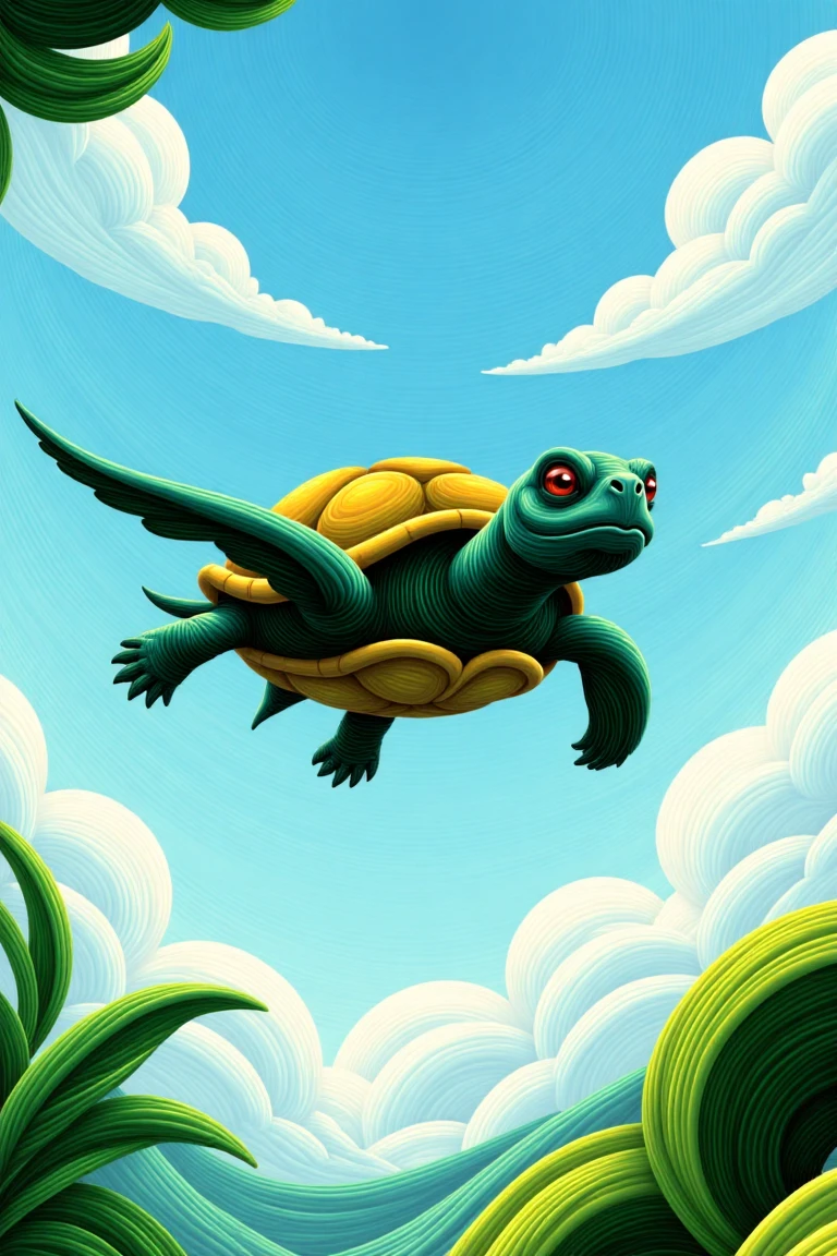 a whimsical illustration of a majestic flying turtle soaring through a bright blue sky with fluffy white clouds, its shell glistening in the warm blue light. The turtle's wings are outstretched, its fins splayed wide as it glides effortlessly above a lush green forest, leaves and branches blurred from the swift motion.,noga