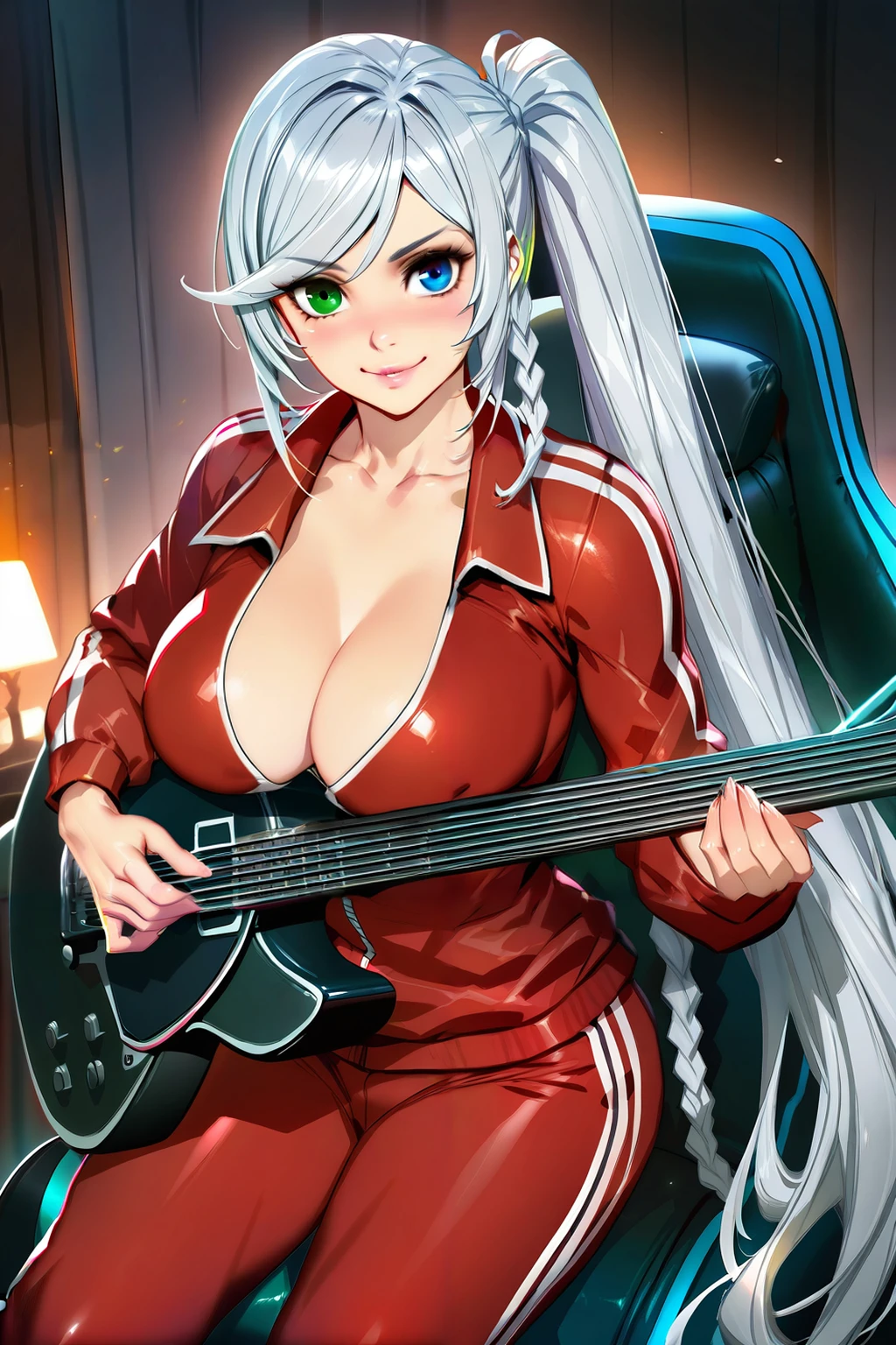 (masterpiece), (best quality), (intricate details, very aesthetic), absurdres, highres, 1girl, cinematic light, <lora:Livia_de_Udis-Illustrious:0.8> livia_wz, very long hair, side ponytail, grey hair, heterochromia,  blue eyes, green eyes, braid, large breasts, red jacket, track jacket, track suit, red pants, track pants, cleavage, long sleeves,  playing instrument, electric guitar, room, sitting, gaming chair, lamp, smile, neoartcore, looking at viewer,
