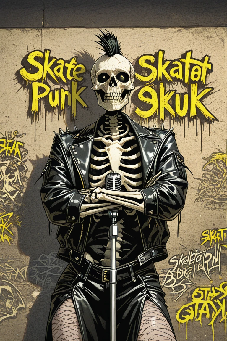 A skeleton punk rock-inspired outfit stands defiantly against a gritty cityscape backdrop, with graffiti-covered walls and rundown buildings. The skeleton's bones are adorned with safety pins, ripped fishnet stockings, and a black leather jacket, complete with spikes and studs. A mohawk of tattered black hair sprouts from the skull, as it holds a microphone stand like a guitar, surrounded by a halo of bright, neon-lit city lights.