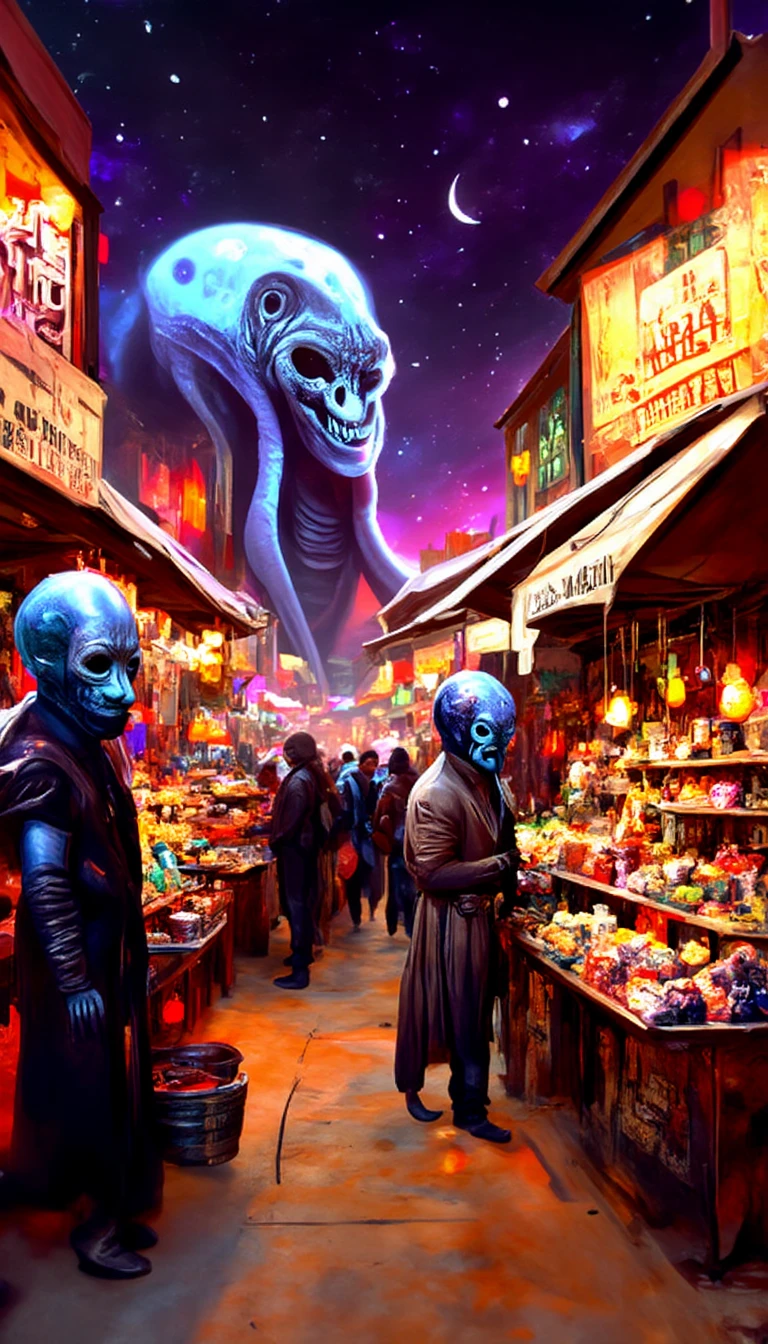 dscd_style A bustling market in an intergalactic bazaar with exotic alien vendors.