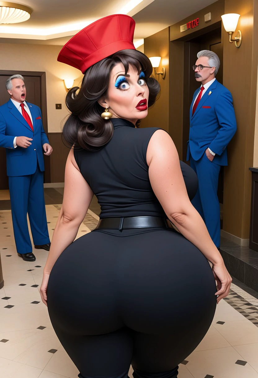 voluptuous misbehaving woman 60 years old 
Dark-brown bouffant, blue eyeliner, mascara, red lips, bell hop
Tight bellbottom trousers, trousers too tight, trousers bursting at seams, sharp pleats, very distinctive panty lines, little hat
Shocked-look, big ass, hotel foyer, crowd, 
Otk spanking, spanked by town mayor
booty-view, close-up