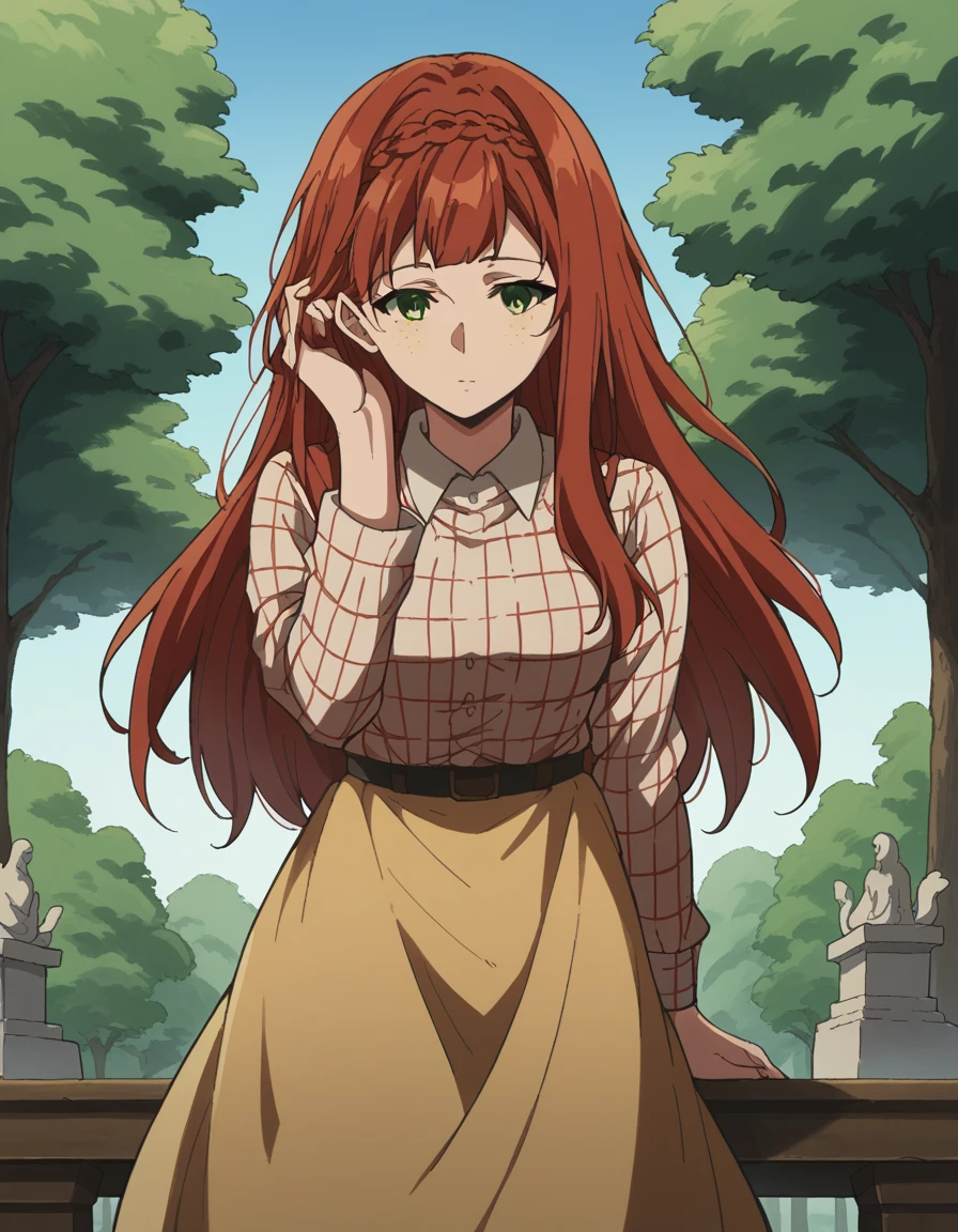 score_9, score_8_up, score_7_up, source_anime, <lora:luculia-marlborough-s1-ponyxl-lora-nochekaiser_r1:1>, luculia marlborough, long hair, bangs, braid, red hair, freckles, green eyes, medium breasts,, shirt, plaid shirt, long sleeves, collared shirt, skirt, long skirt,, shrine, holy, statues, trees, sacred, , <lora:tucking-hair-ponyxl-lora-nochekaiser:1>, tucking hair, adjusting hair, hand on own hair, hair behind ear,, looking at viewer, solo,, dutch angle, cowboy shot