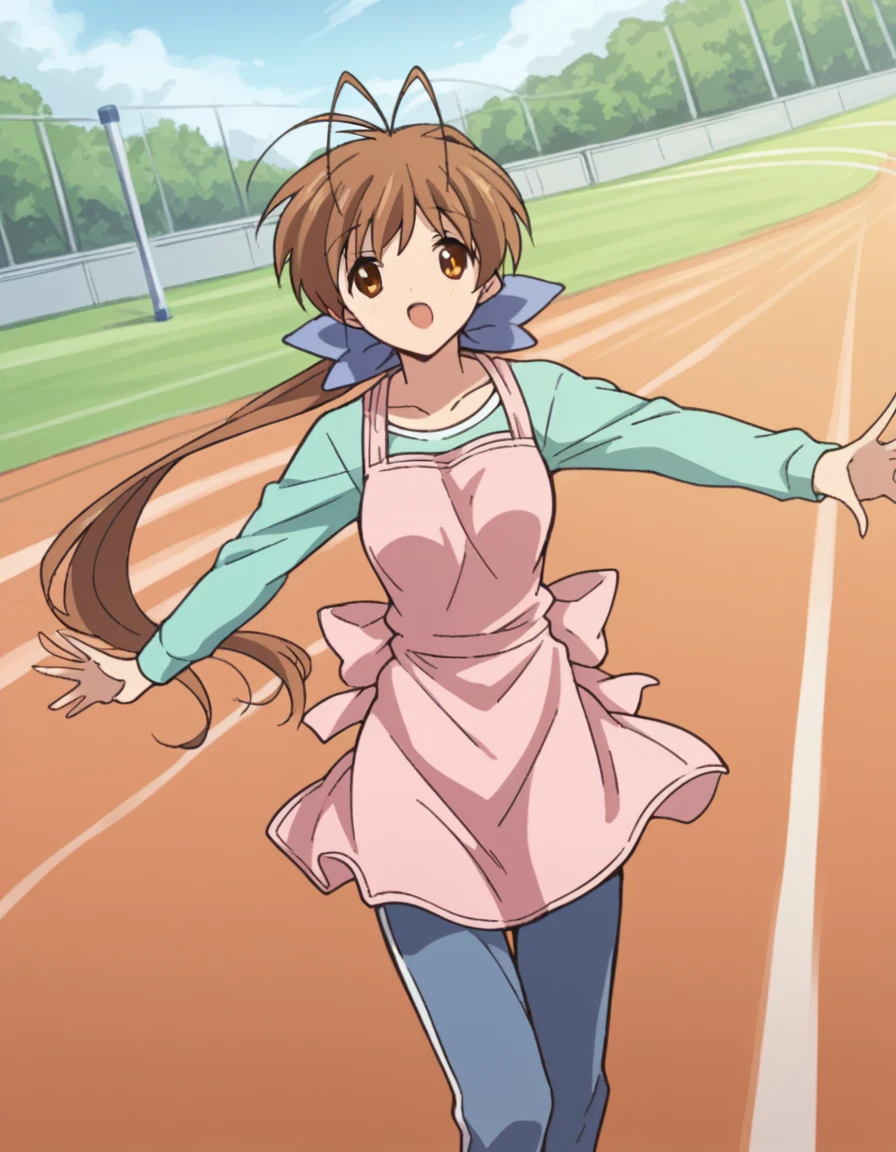 score_9, score_8_up, score_7_up, source_anime, <lora:sanae-furukawa-s2-ponyxl-lora-nochekaiser:1>, sanae furukawa, long hair, brown hair, brown eyes, antenna hair, medium breasts,, long sleeves, bow, very long hair, ponytail, hair bow, pants, apron, pink apron, running track, lanes, red, exercise, race, , on back, arm support, arms up, incoming hug, pov, reaching, reaching towards viewer,, looking at viewer, solo,, dutch angle, cowboy shot