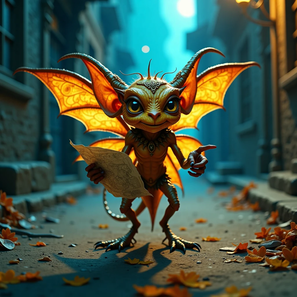 A photorealistic, front facing view, a golden servitor imp, its tiny wings fluttering as it holds a tiny map and points forward excitedly. its scales and wings look infused with magic,  in an old dusty road at night, amazing contrasting vibrant colors, filled with diffused  blue,silver and yellow glow light filtering through the windows.The shot is captured in a wide-angle with a low perspective, creating a dreamlike image. Captured with a Canon EOS 5D Mark IV, 35mm lens, f/1.8.,impz,lilx,ipx