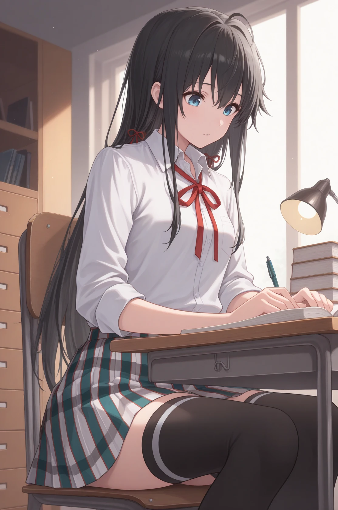 masterpiece, best quality, cowboy shot, pensive, looking down, yno, small breasts, black hair, long hair, hair between eyes, blue eyes, hair ribbon, red ribbon, red neck ribbon, white collared shirt, plaid skirt, pleated skirt, black thighhighs brown loafers, sitting, studying, indoors, chair, desk, file cabinet, book, desk lamp, <lora:Hoseki_Oregairu_YukinoYukinoshita_IllustriousXL_v1:1>